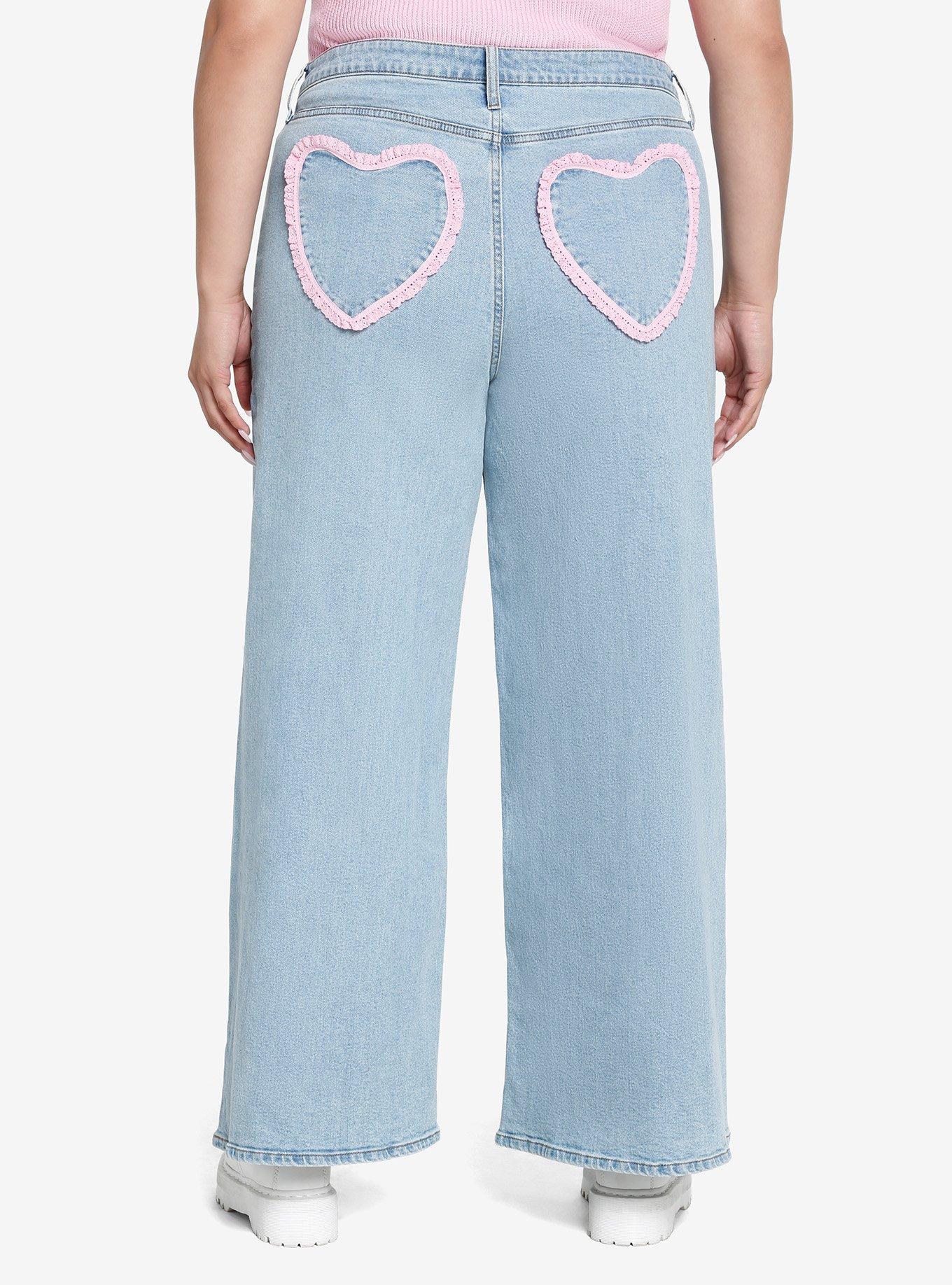 Pink Ruffle Heart Wide Leg Denim Pants Plus Size, , hi-res