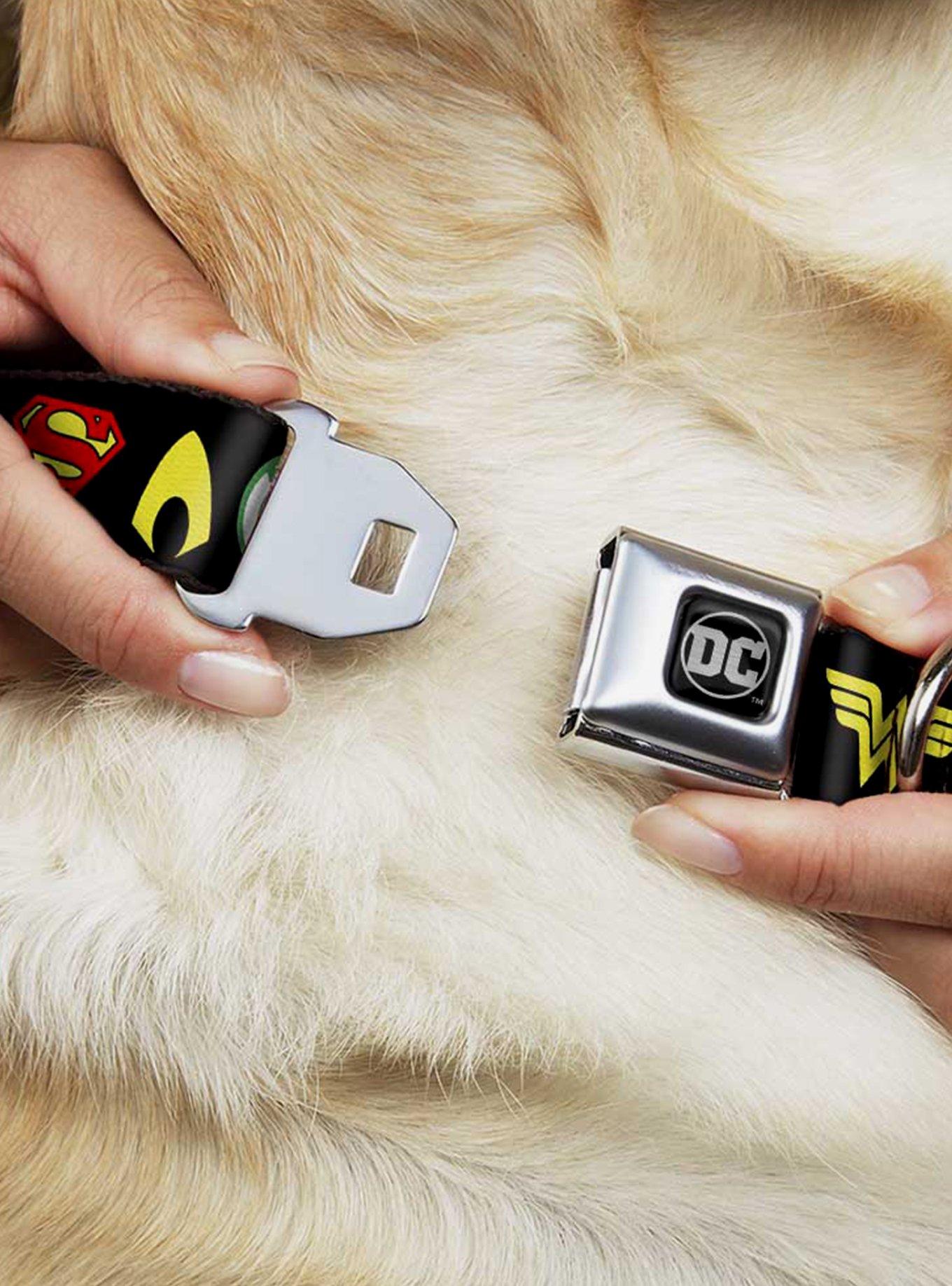 DC Comics Justice League 6 Superhero Logos Seatbelt Buckle Dog Collar, BLACK, alternate