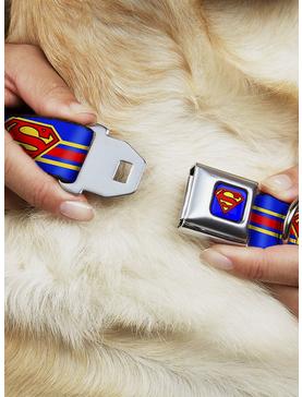 DC Comics Justice League Superman Shield Stripe Blue Yellow Red Seatbelt Buckle Dog Collar, , hi-res