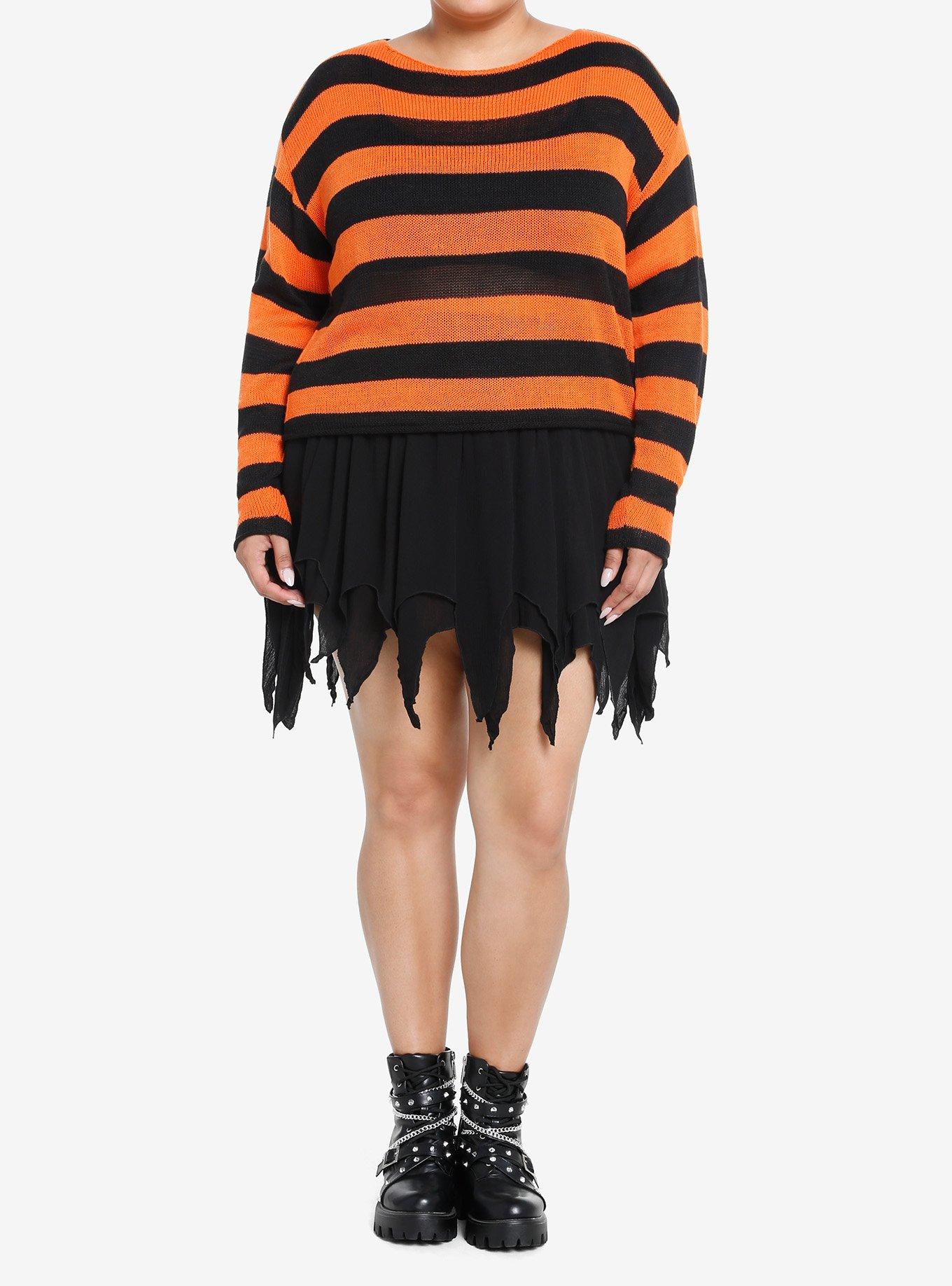 Social Collision Black & Orange Stripe Girls Crop Sweater Plus Size, STRIPES - ORANGE, alternate