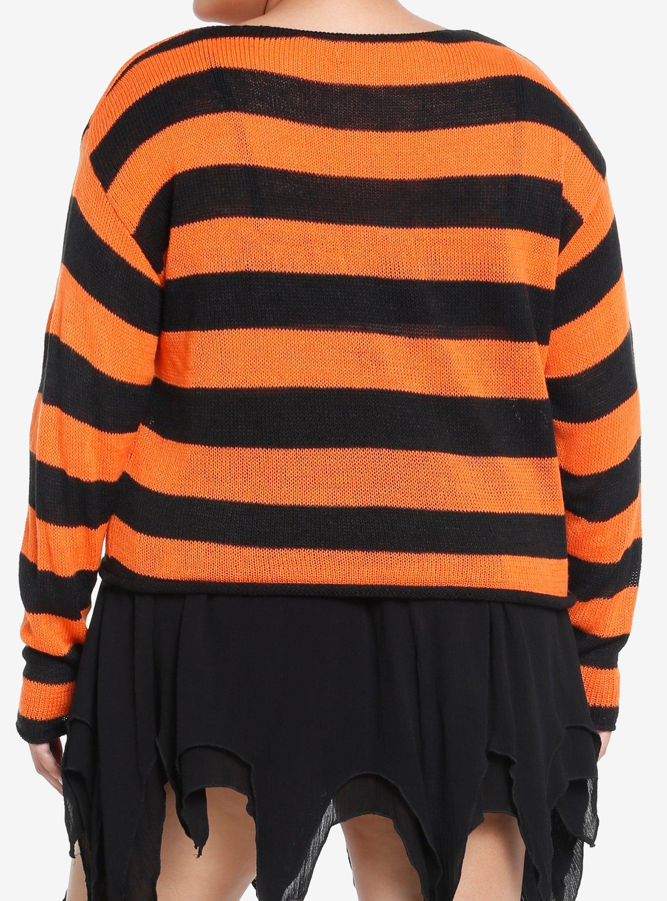 Social Collision Black & Orange Stripe Girls Crop Sweater Plus Size, STRIPES - ORANGE, alternate