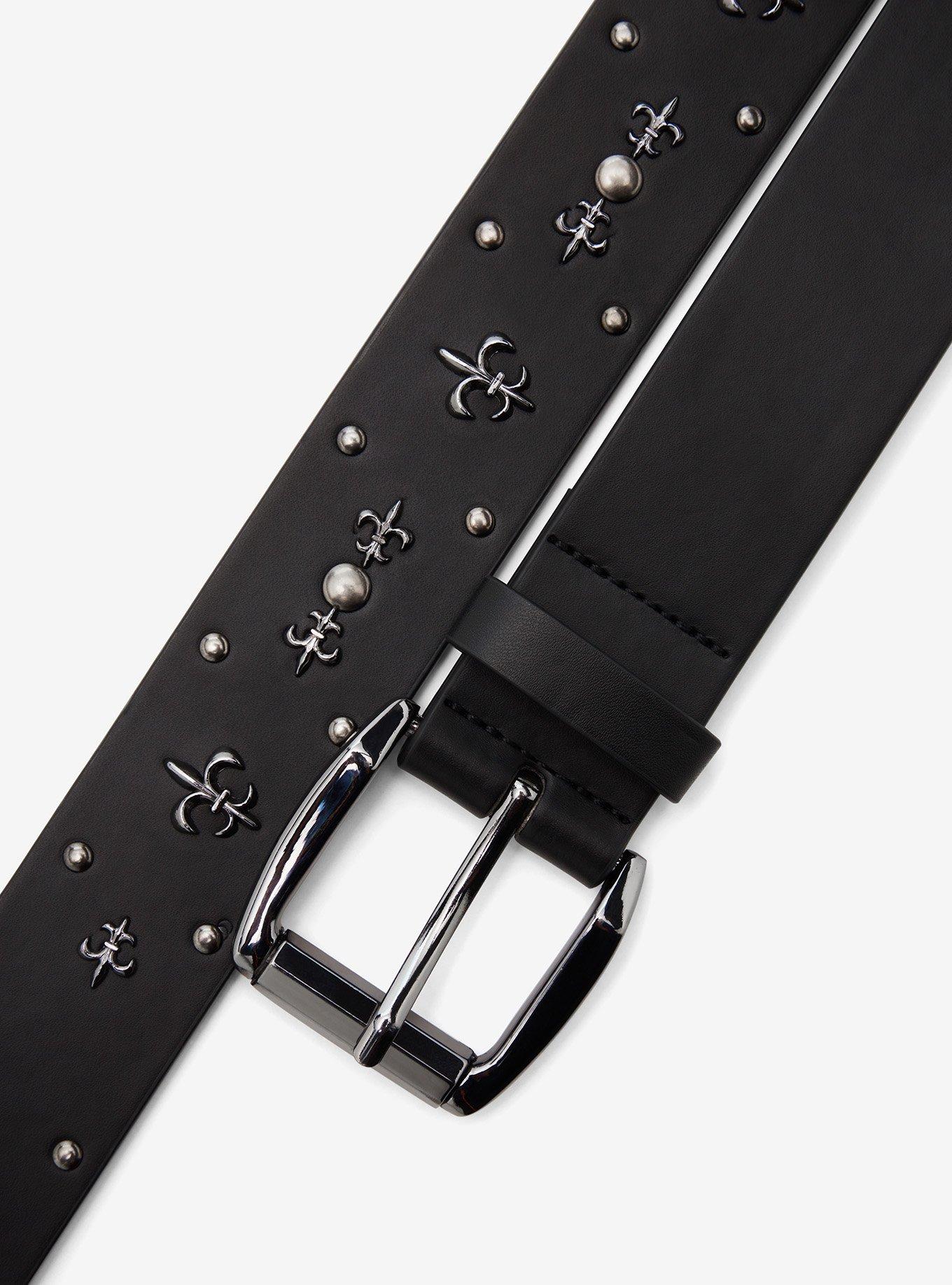 Black Fleur-De-Lis Grommet Belt, SILVER, alternate