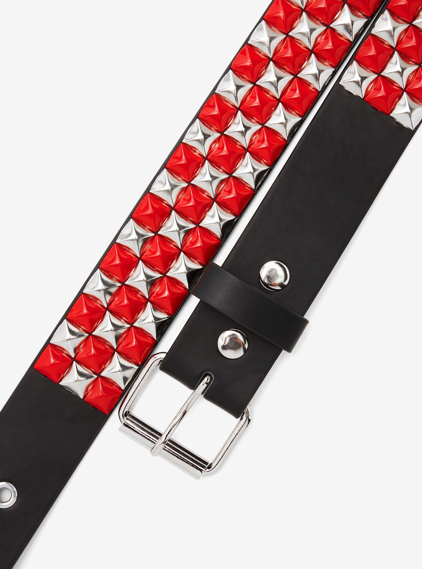 Red & Silver Three Row Pyramid Stud Belt, , hi-res
