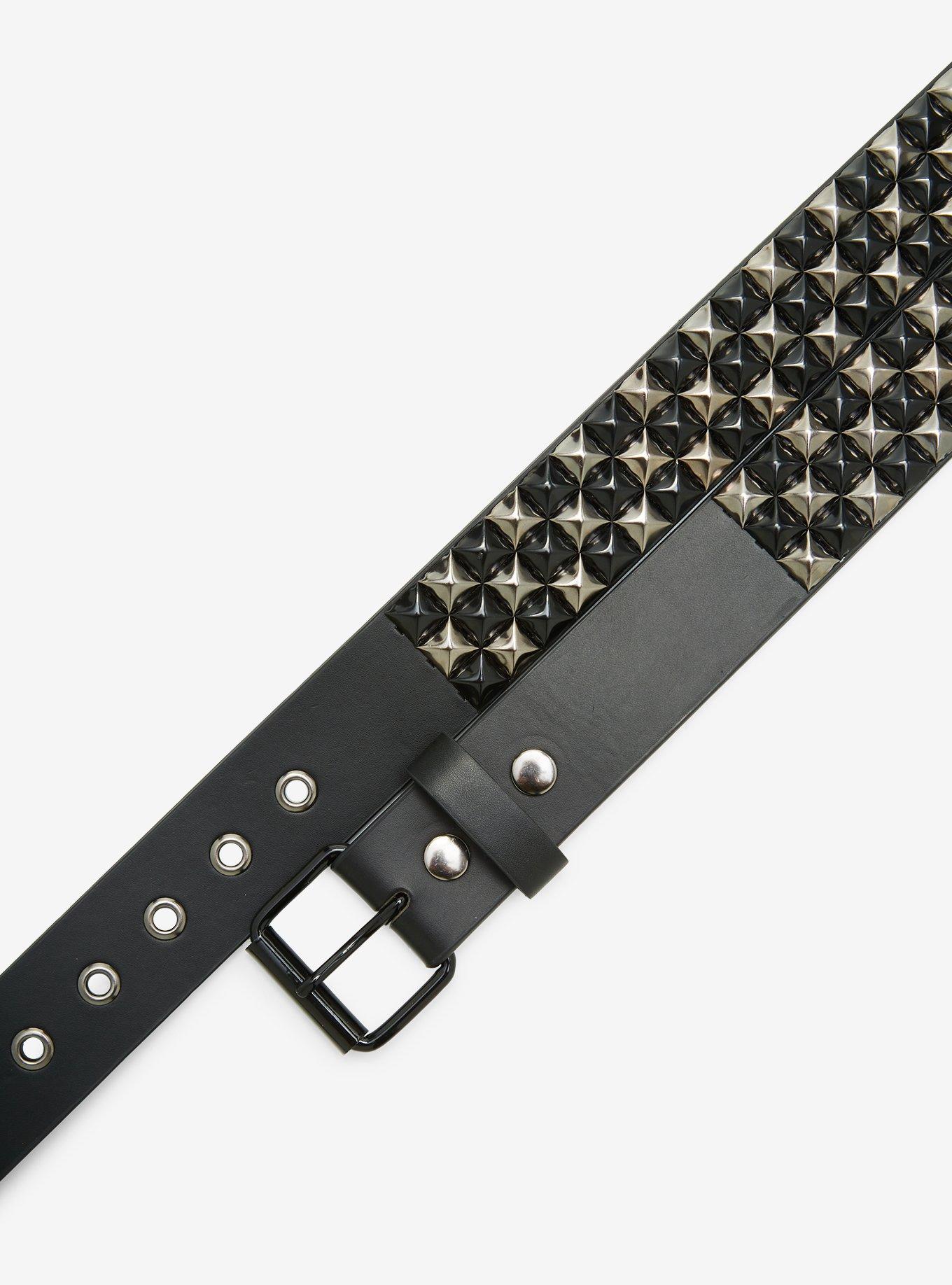 Black & Silver Three Row Pyramid Stud Belt, , hi-res