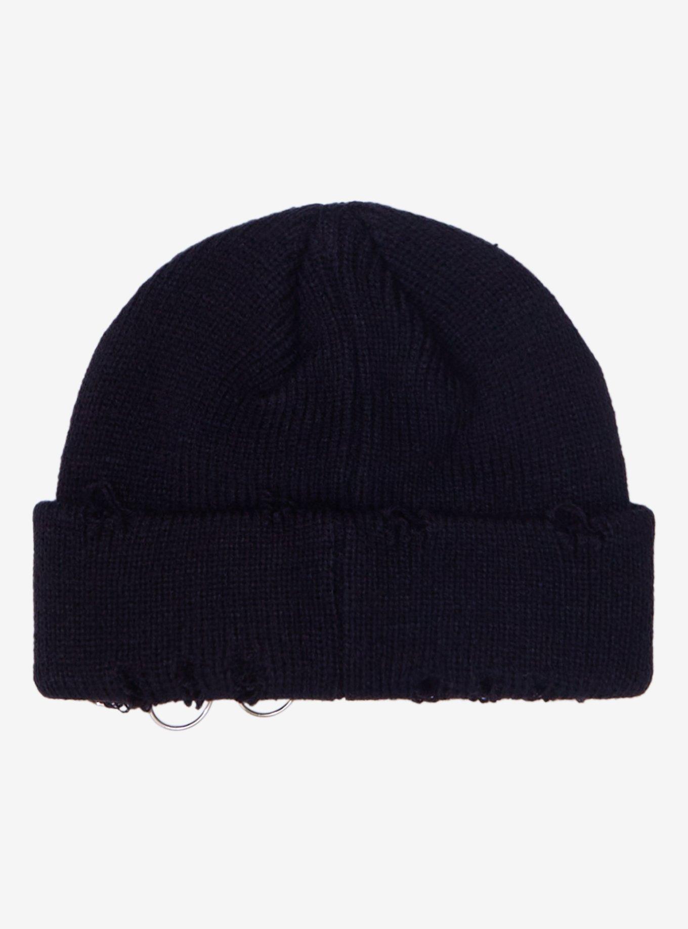 Black Knit Distressed Pierced Beanie, , alternate