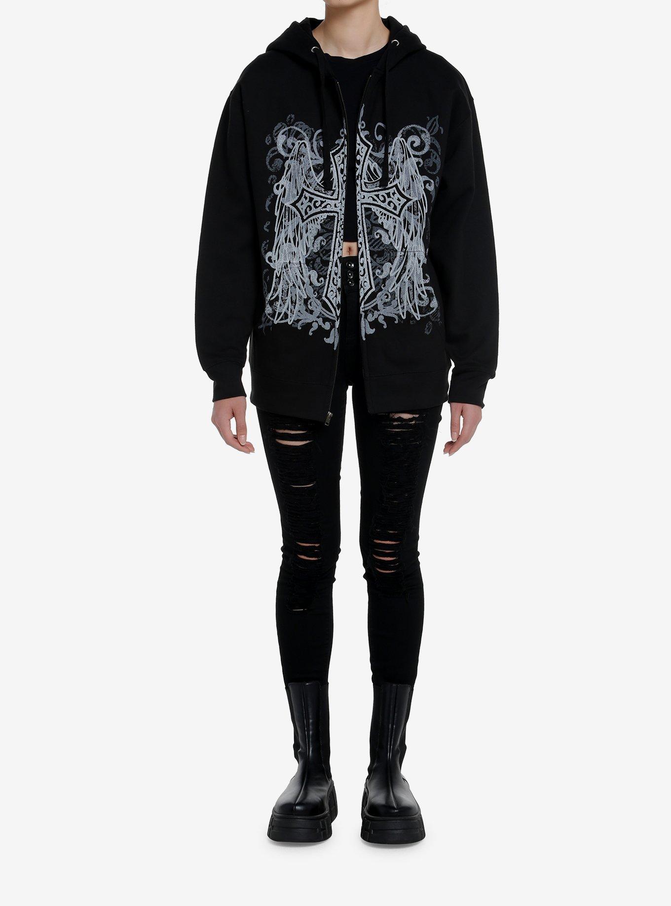 Social Collision Cross Wings Girls Oversized Hoodie, BLACK, alternate