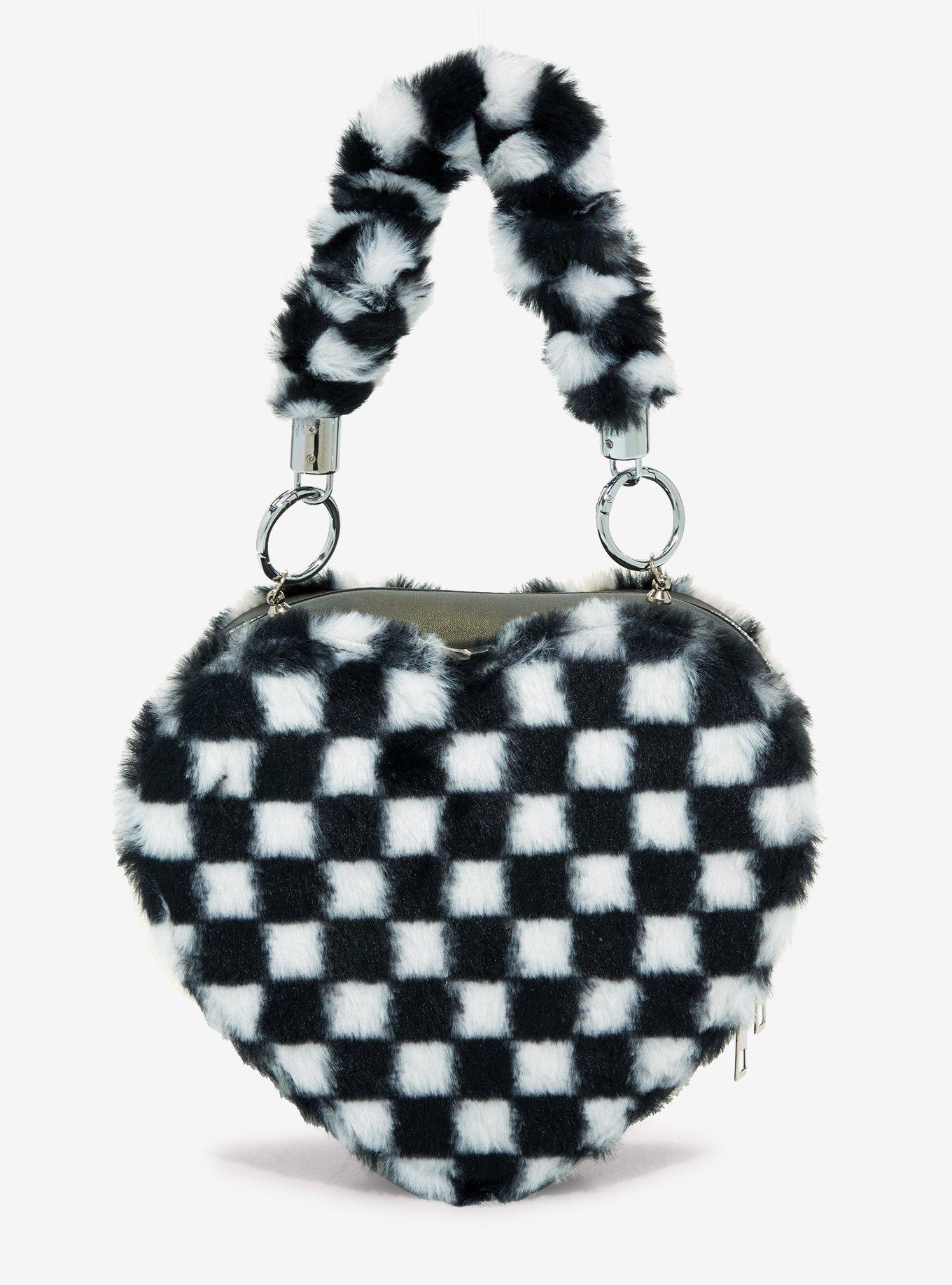 Black & White Checkered Fuzzy Heart Crossbody Bag, , alternate