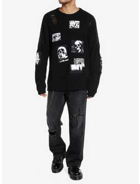 Social Collision Dark Skull Patch Distressed Knit Sweater, , hi-res