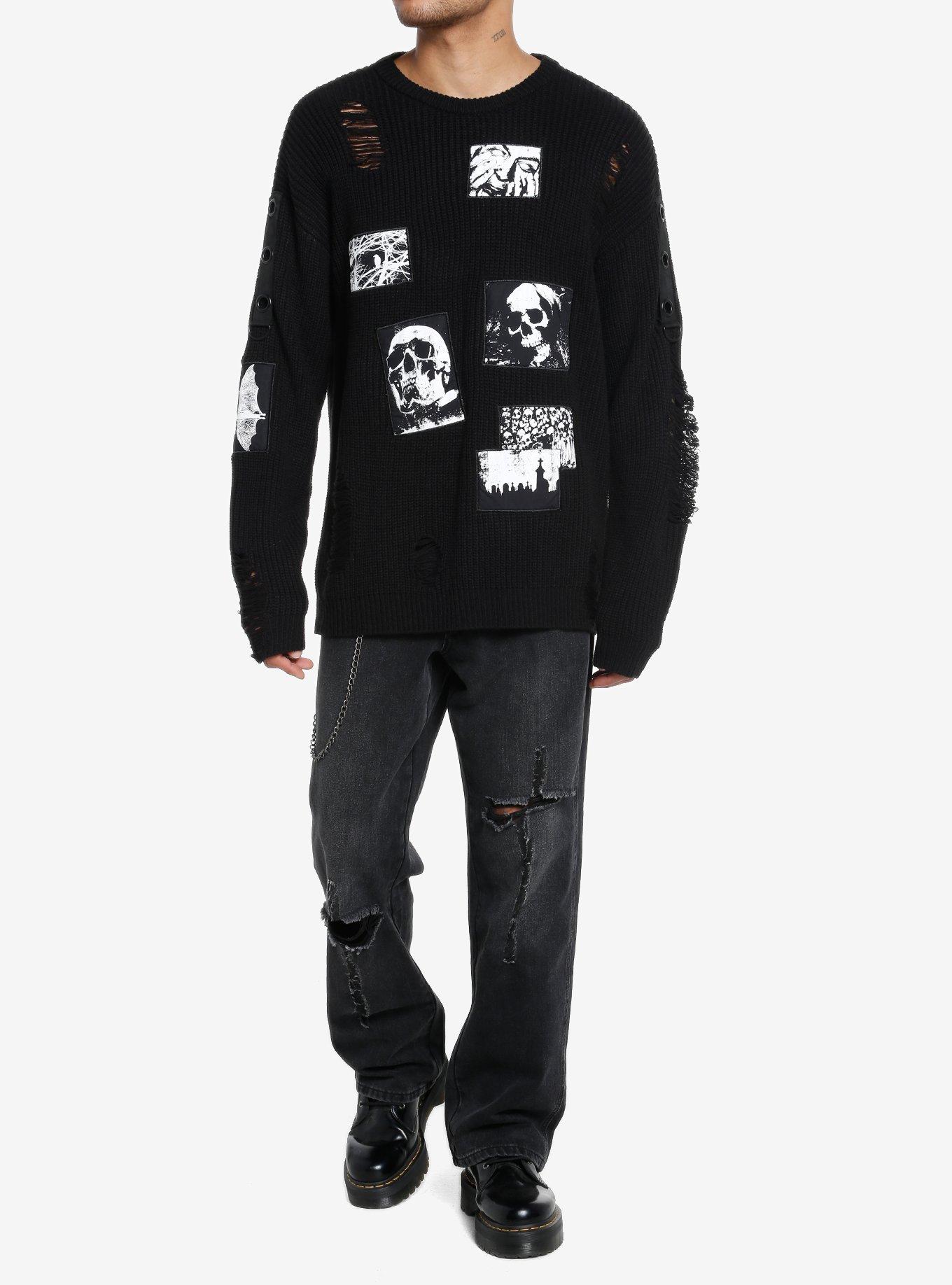 Social Collision Dark Skull Patch Distressed Knit Sweater, BLACK  WHITE, alternate