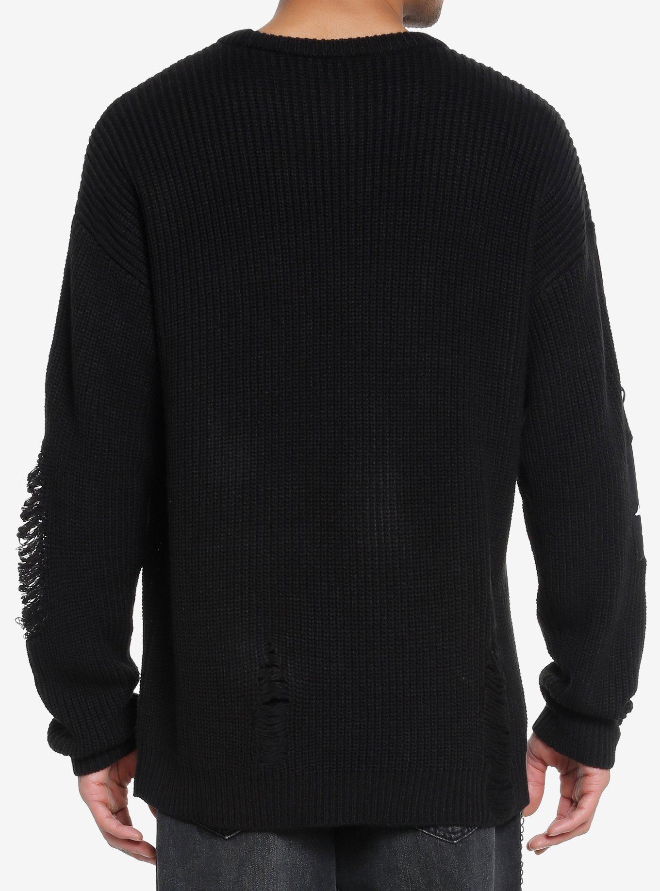 Social Collision Dark Skull Patch Distressed Knit Sweater, BLACK  WHITE, alternate