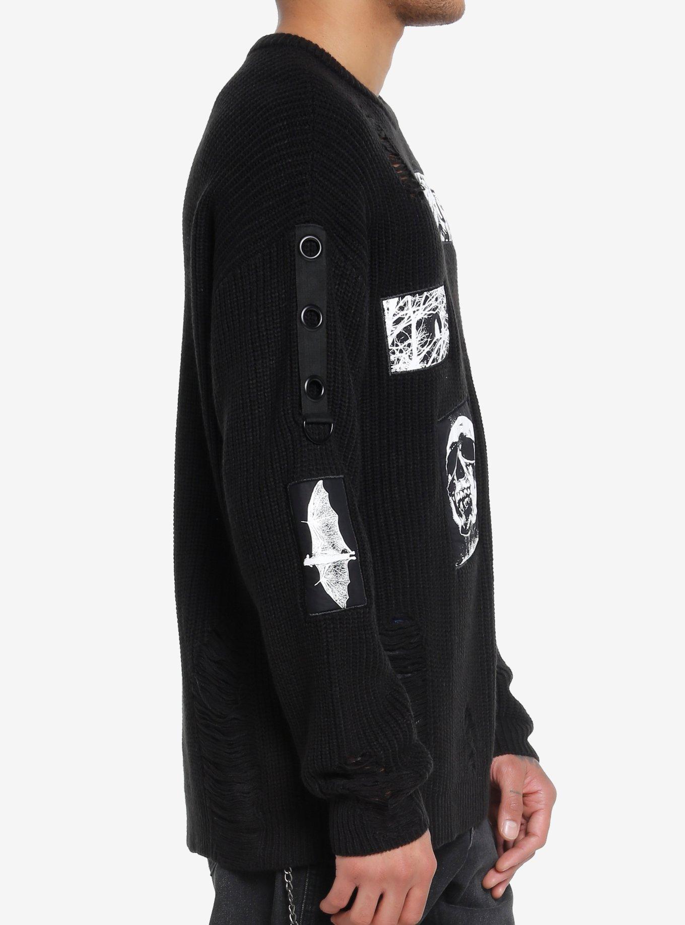 Social Collision Dark Skull Patch Distressed Knit Sweater, BLACK  WHITE, alternate