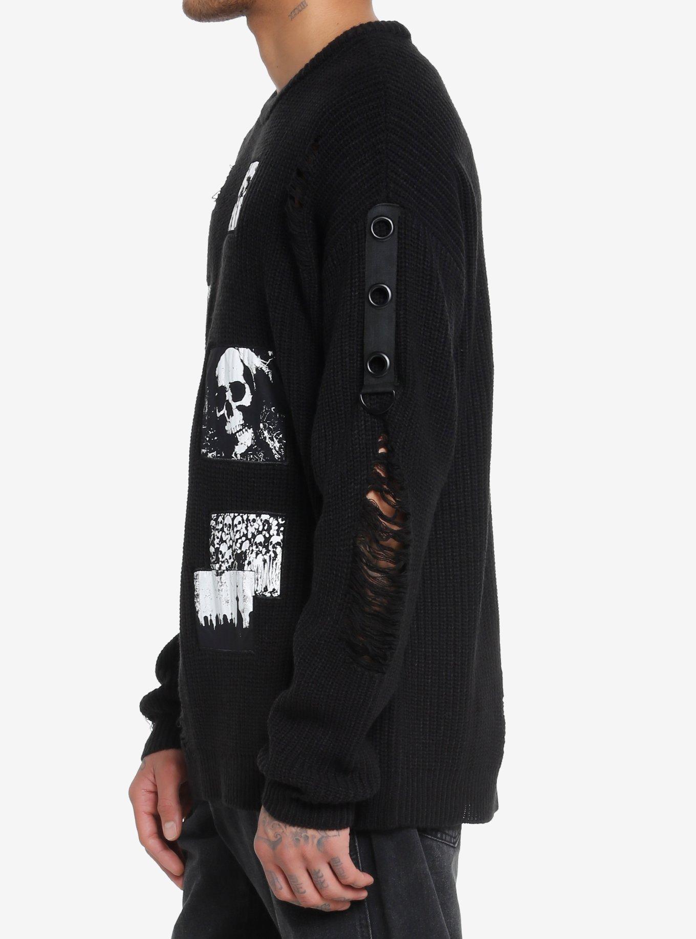 Social Collision Dark Skull Patch Distressed Knit Sweater, BLACK  WHITE, alternate