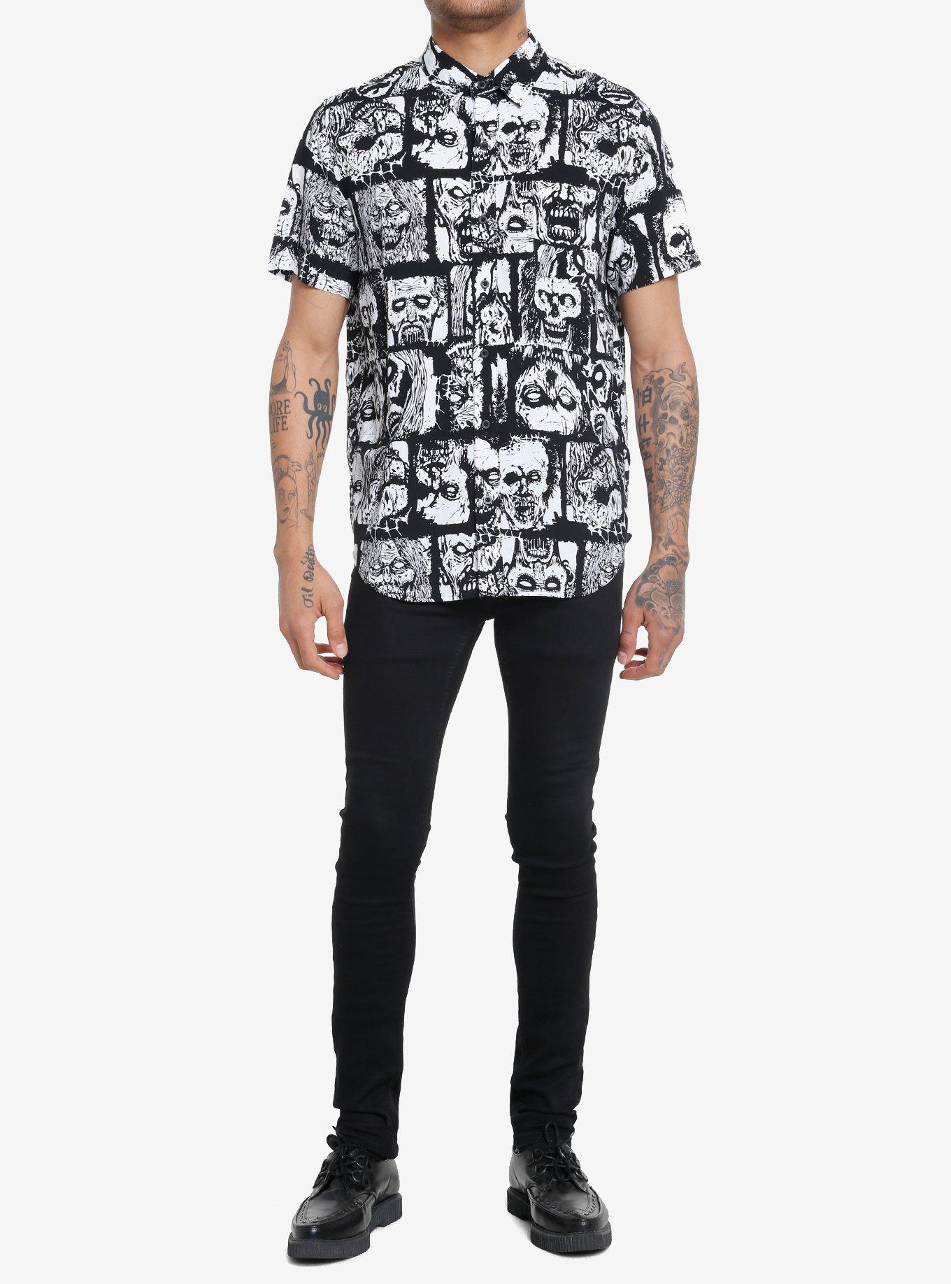 Zombie Faces Woven Button-Up, BLACK  WHITE, alternate