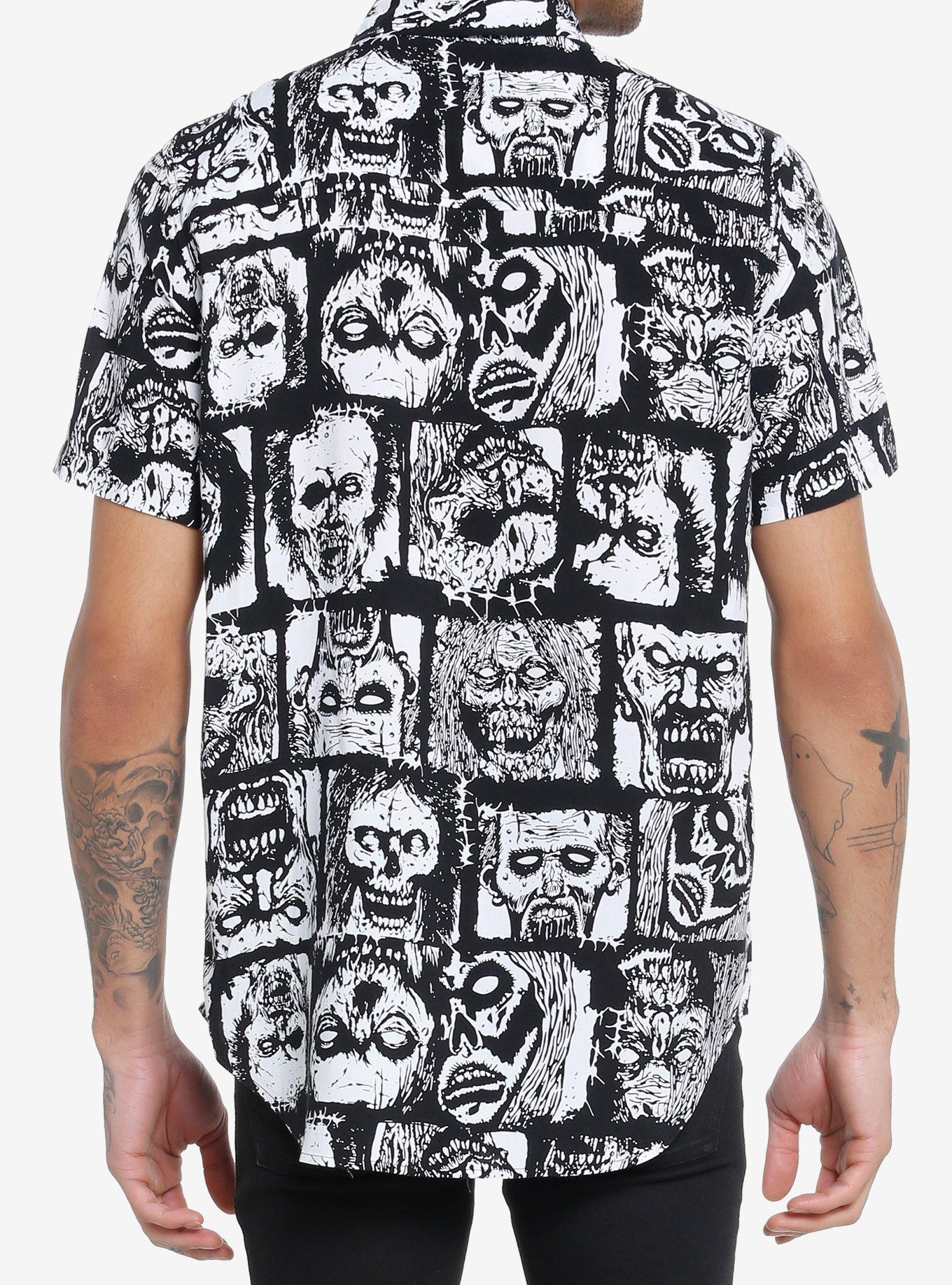 Zombie Faces Woven Button-Up, BLACK  WHITE, alternate