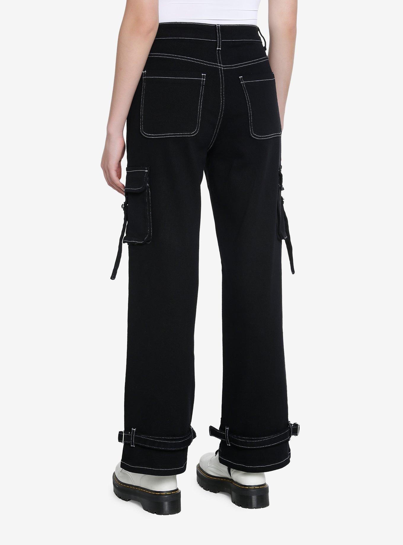 Black & White Contrast Stitch Strap Carpenter Pants, BLACK  WHITE, alternate