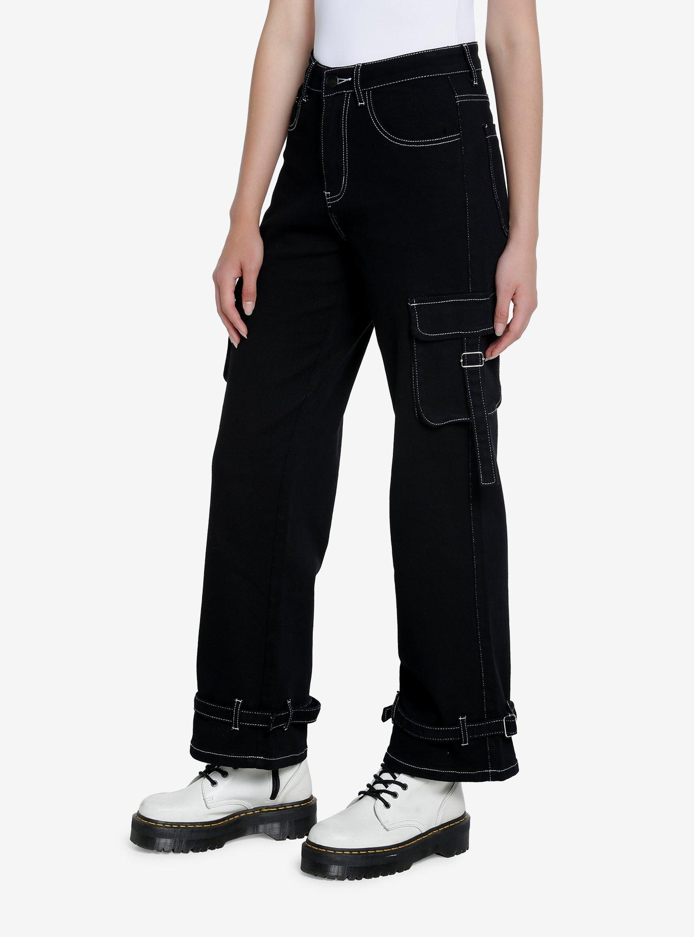 Black & White Contrast Stitch Strap Carpenter Pants, BLACK  WHITE, alternate