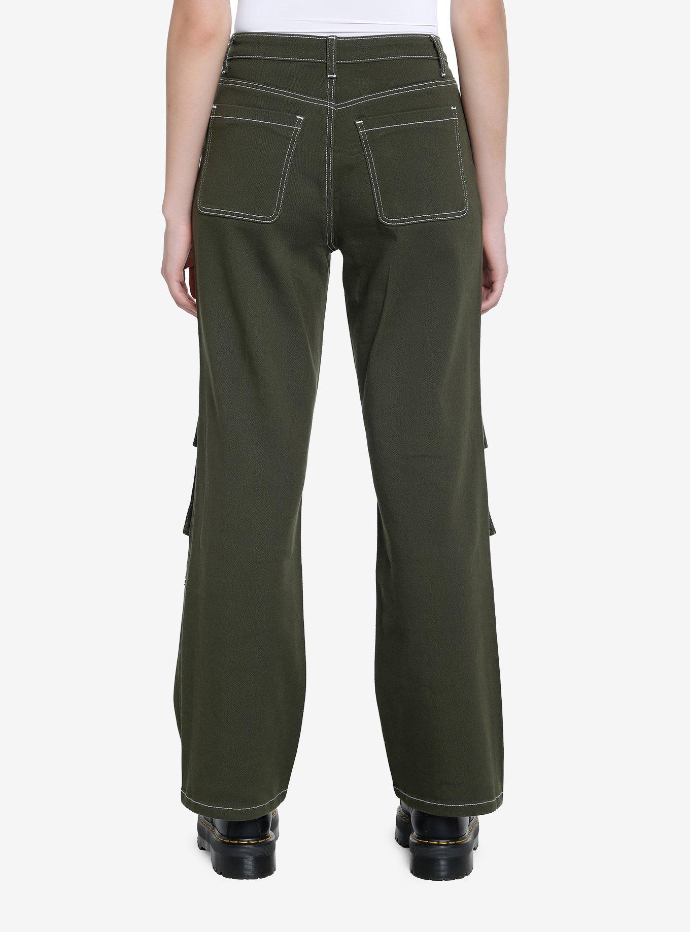 Green & White Contrast Stitch Strap Carpenter Pants, GREEN, alternate