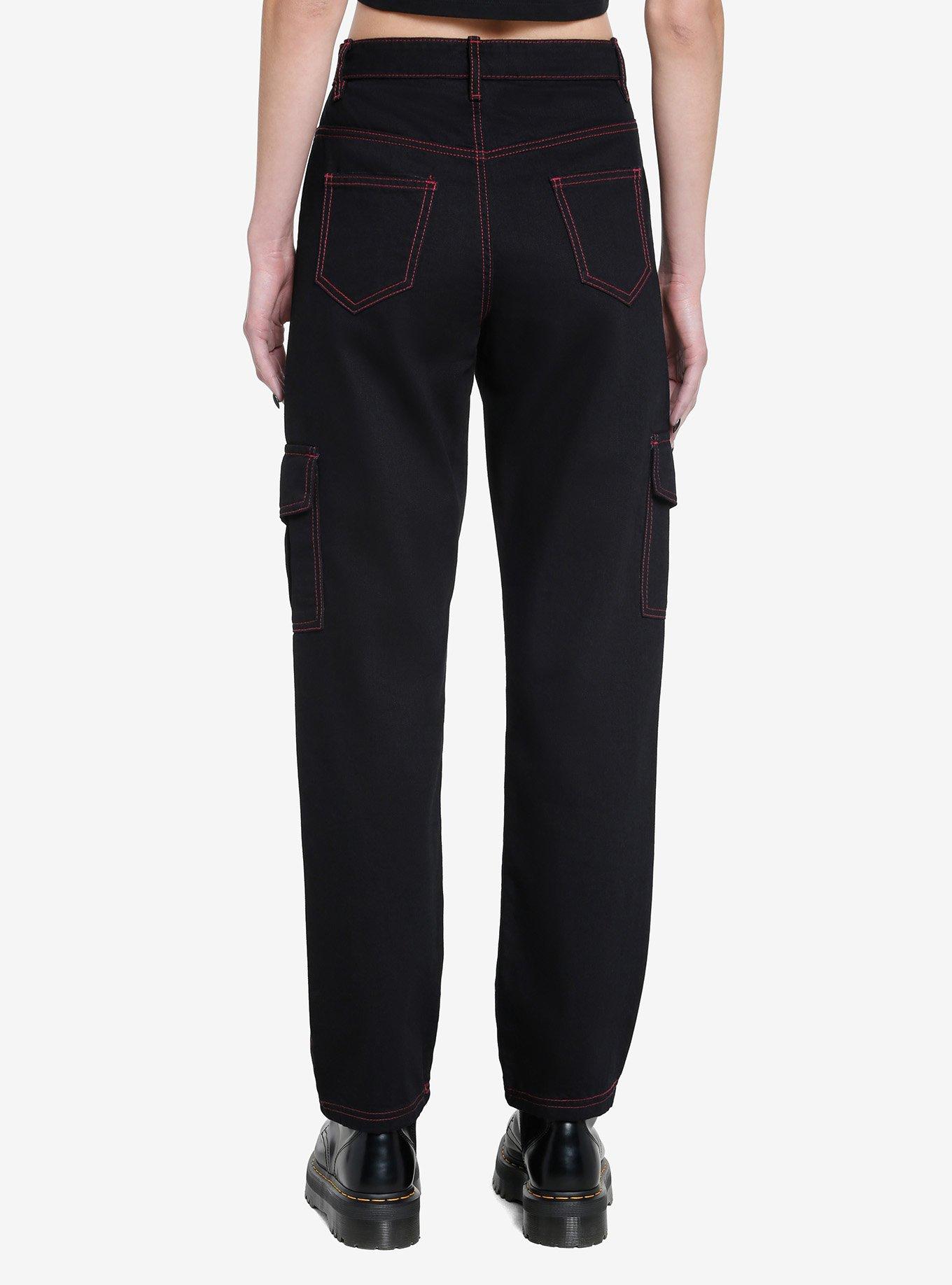 Black & Pink Contrast Stitch Carpenter Pants, BLACK  PINK, alternate