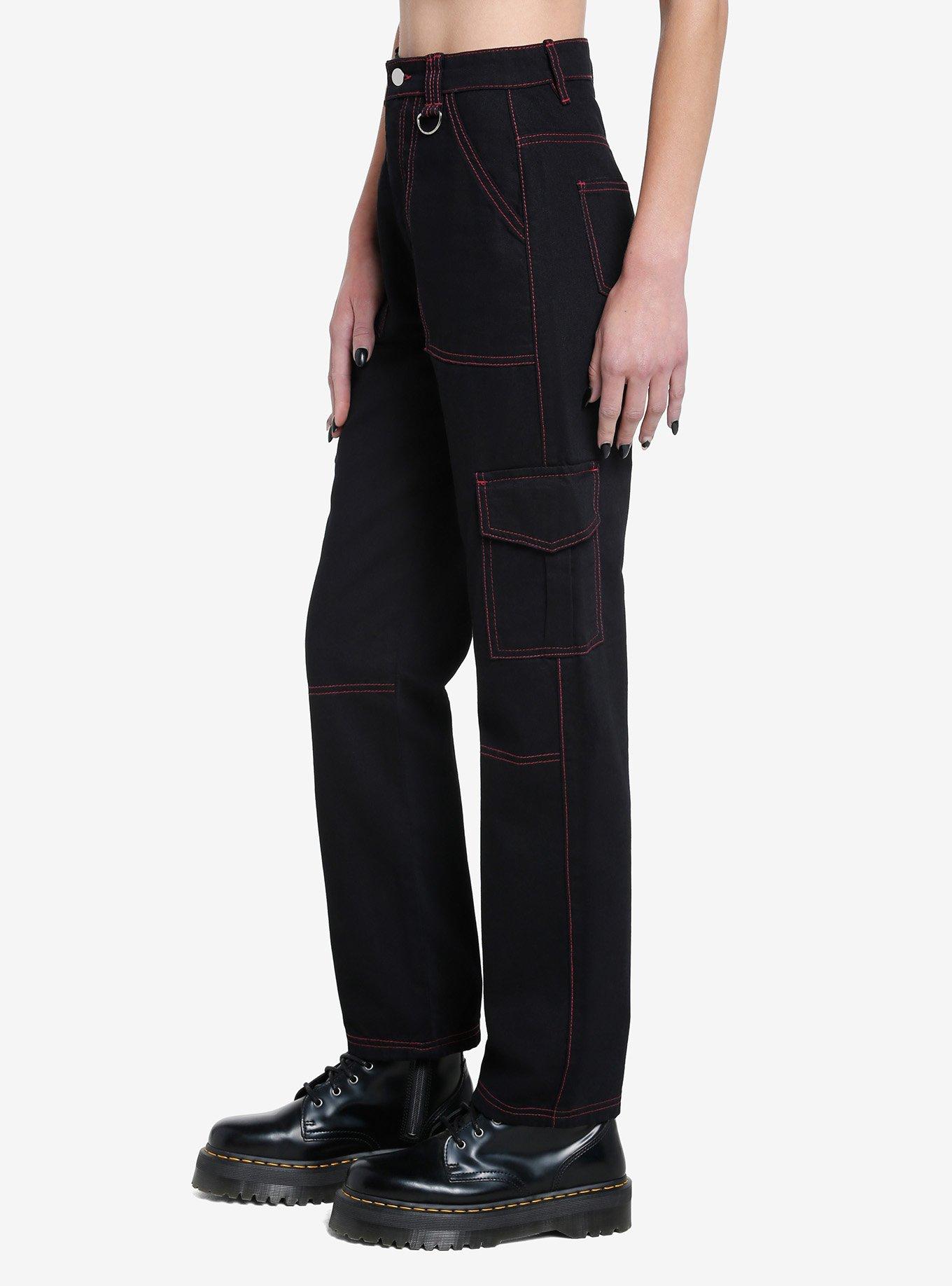 Black & Pink Contrast Stitch Carpenter Pants, BLACK  PINK, alternate