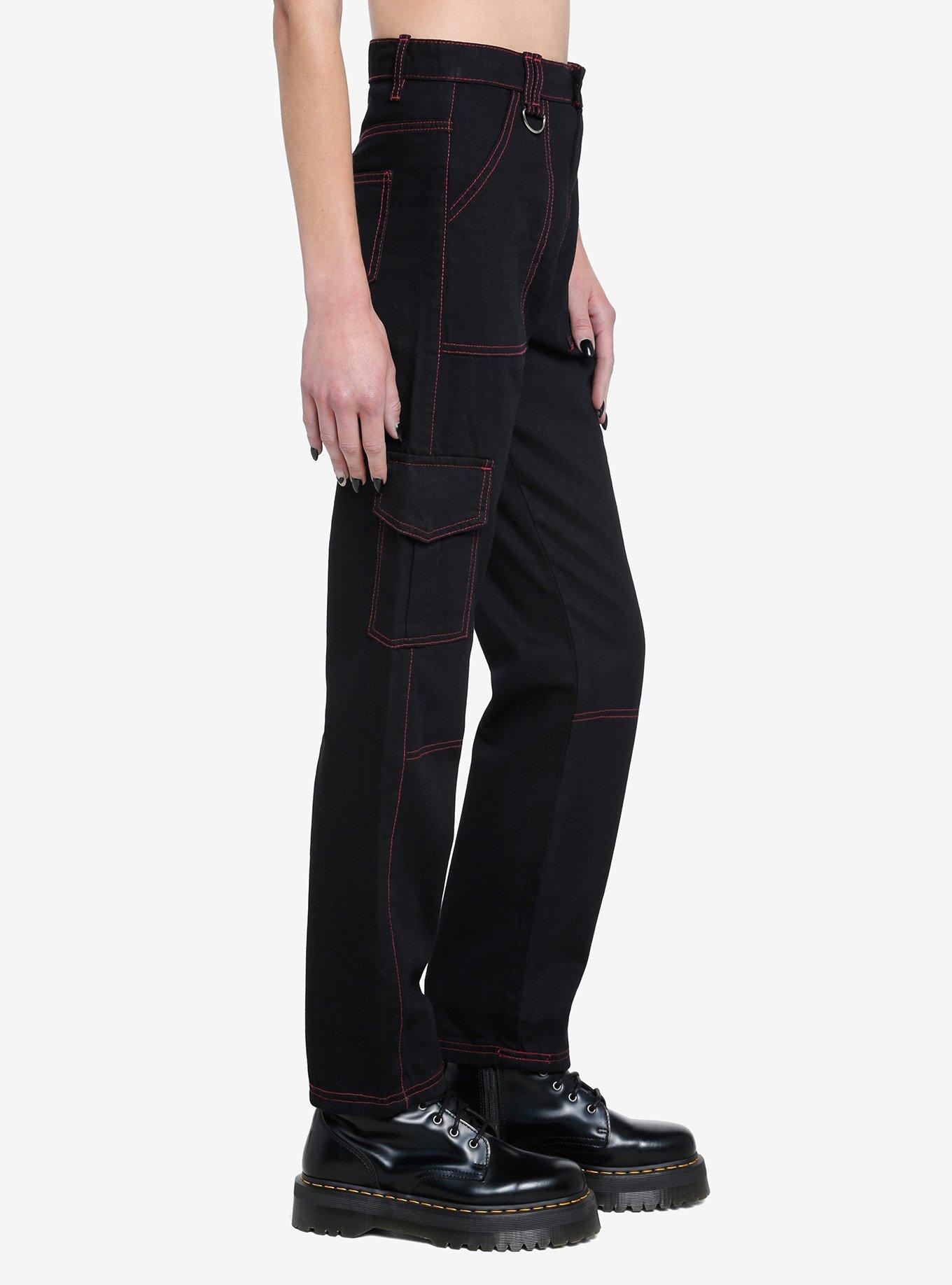 Black & Pink Contrast Stitch Carpenter Pants, BLACK  PINK, alternate