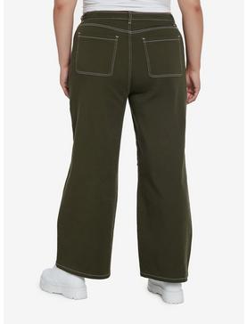 Green & White Contrast Stitch Strap Carpenter Pants Plus Size, , hi-res