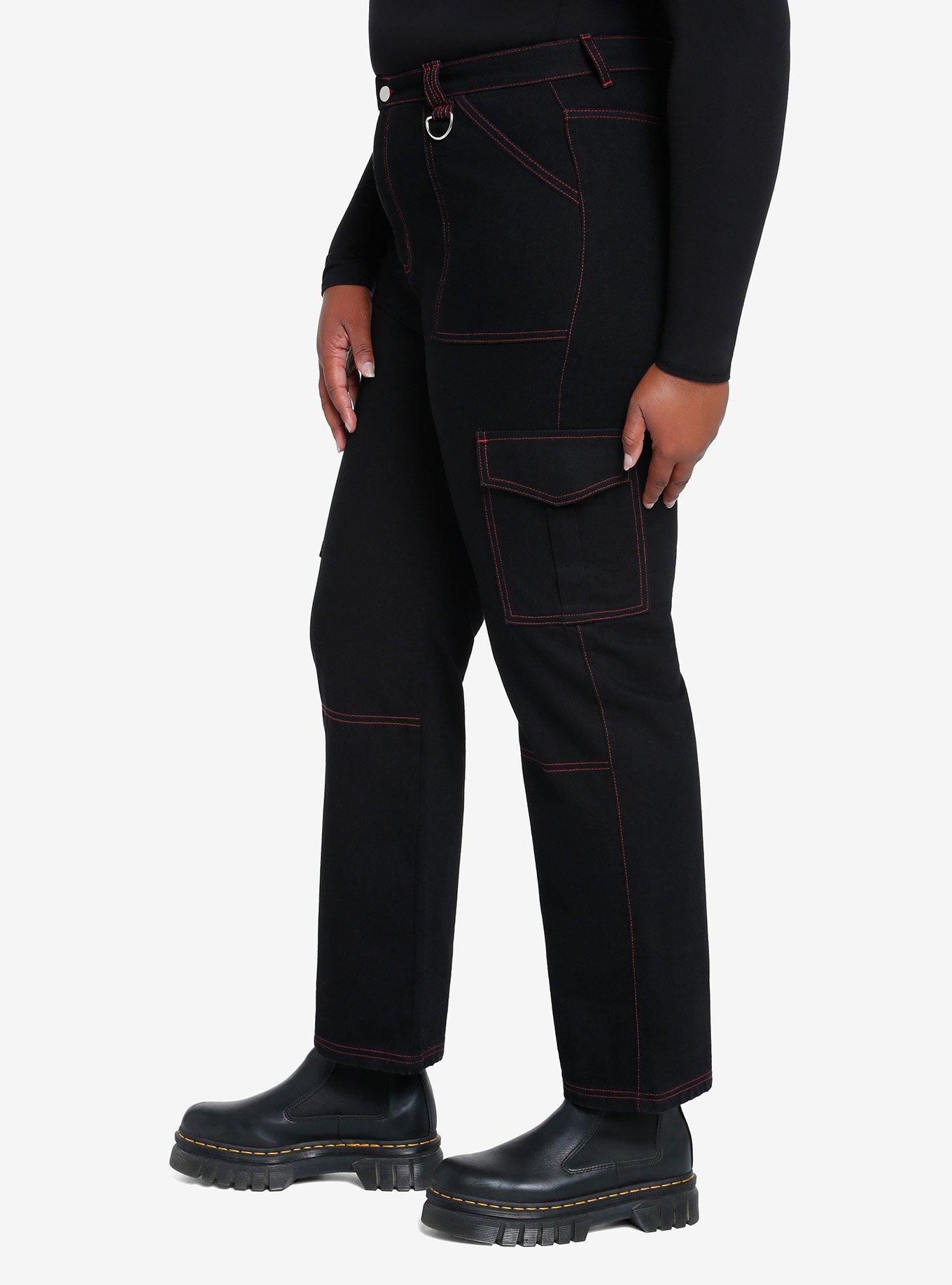 Black & Pink Contrast Stitch Carpenter Pants Plus Size, BLACK  PINK, alternate