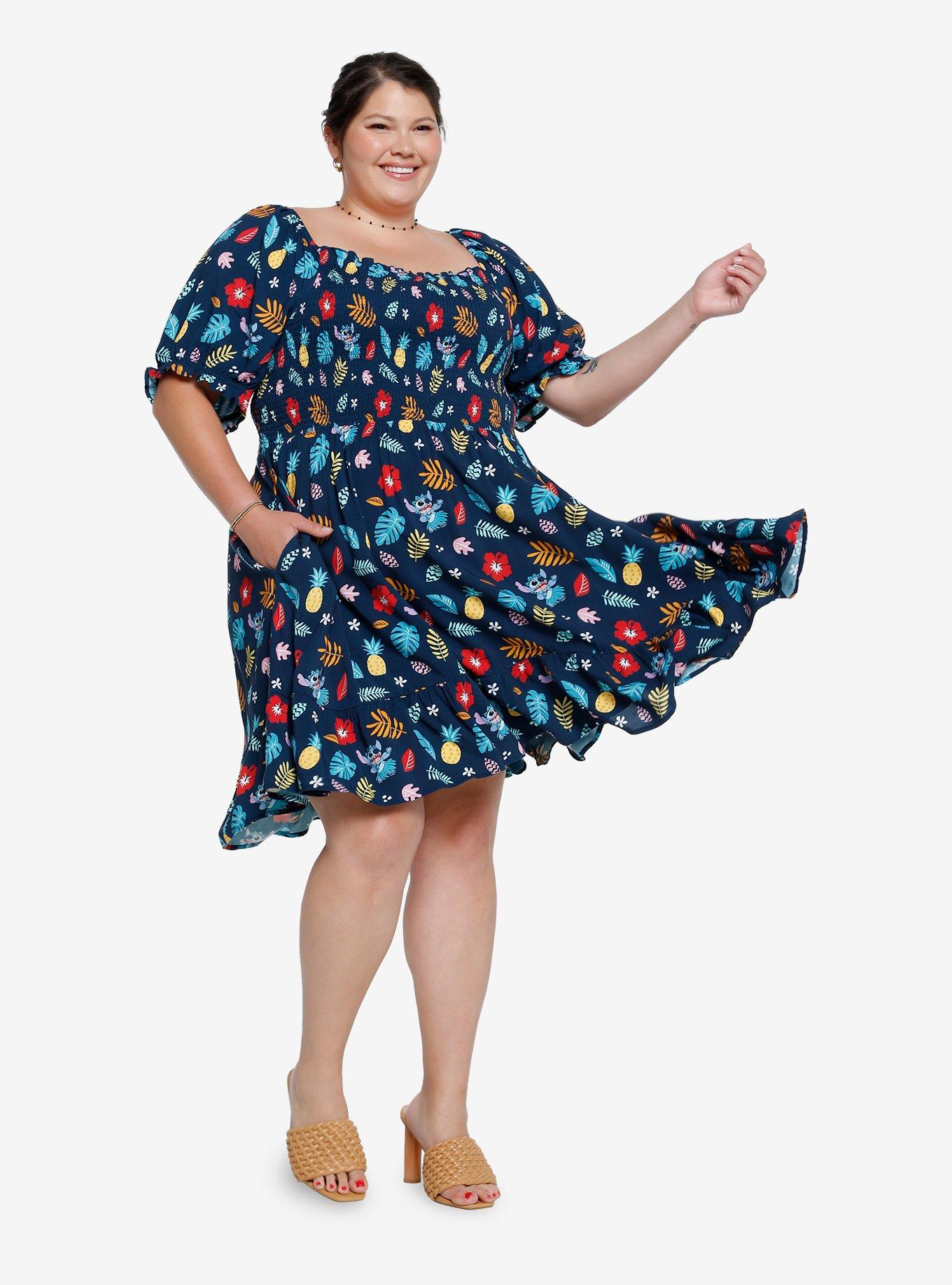 Her Universe Disney Lilo & Stitch Tropical Floral Allover Print Plus Size Smock Dress - BoxLunch Exclusive , NAVY, alternate