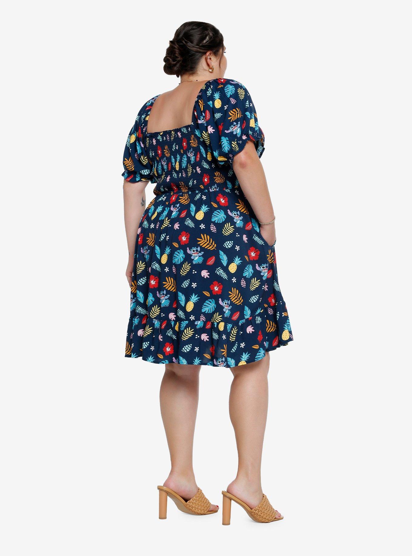 Her Universe Disney Lilo & Stitch Tropical Floral Allover Print Plus Size Smock Dress - BoxLunch Exclusive , NAVY, alternate