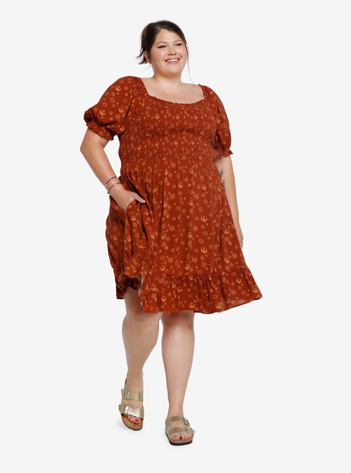 Her Universe Star Wars Rebellion Floral Allover Print Plus Size Smock Dress - BoxLunch Exclusive, RUST, alternate