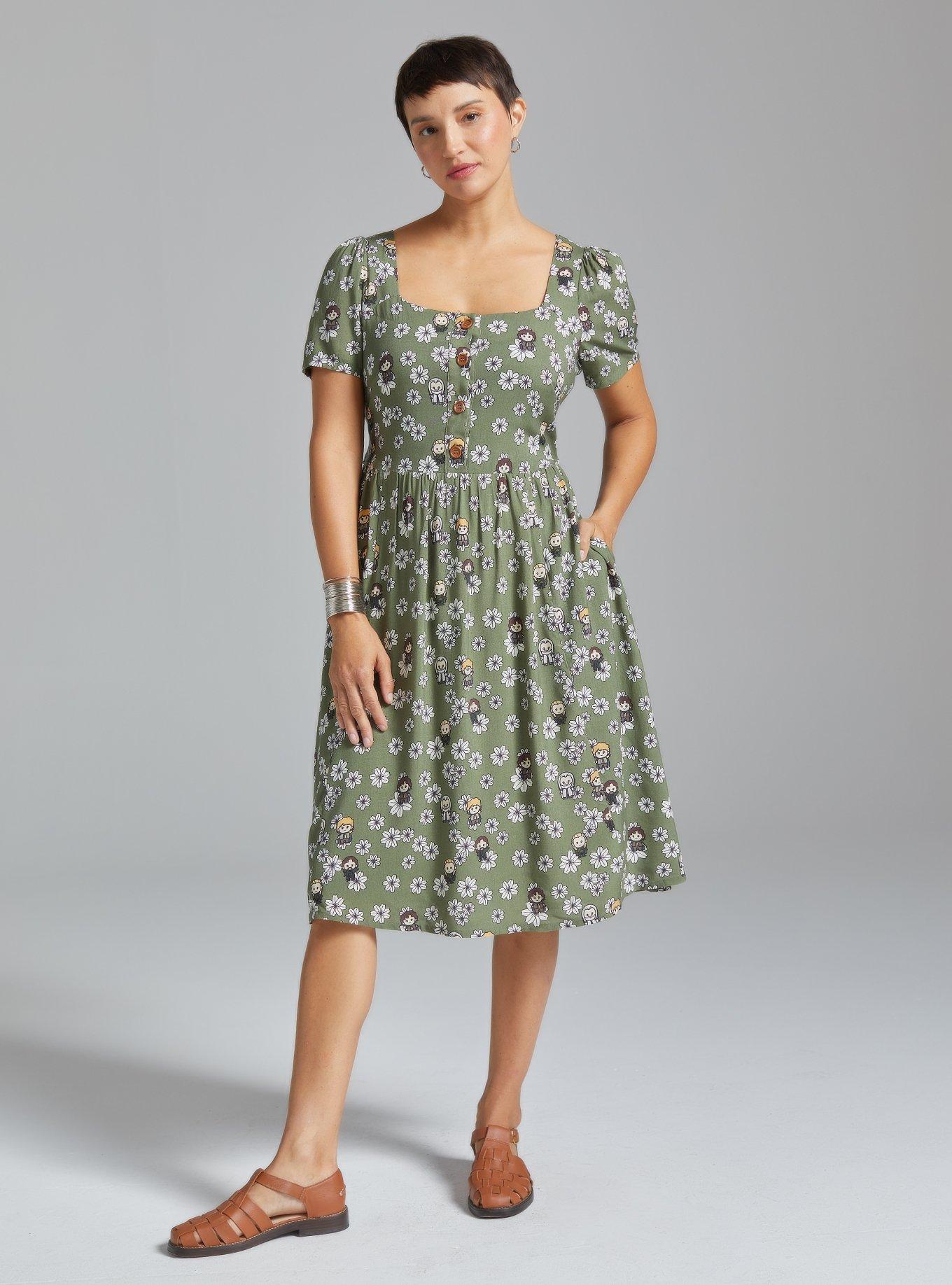 The Lord of the Rings Allover Character Floral Print Button-Up Midi Dress - BoxLunch Exclusive, GREEN, alternate