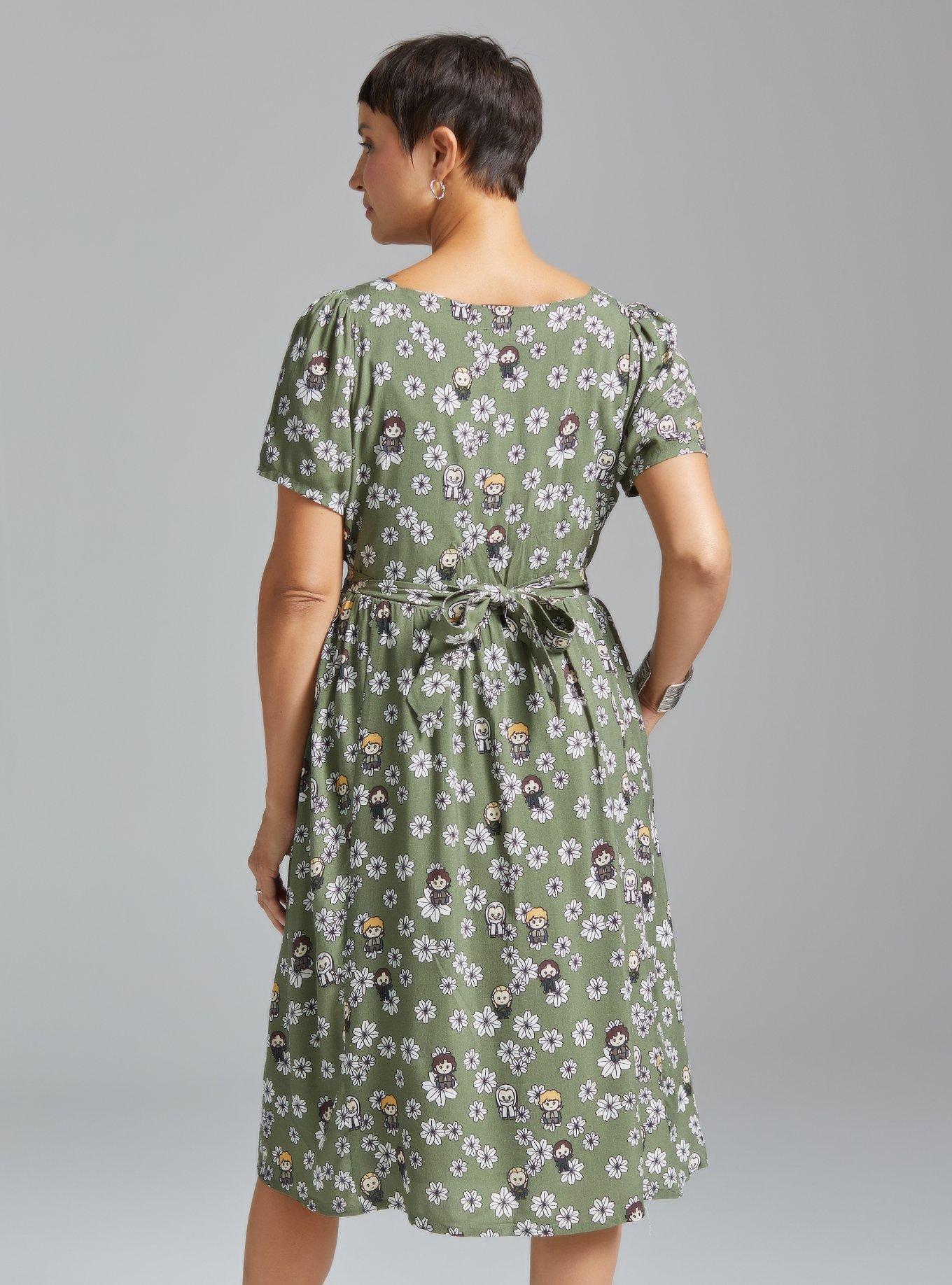The Lord of the Rings Allover Character Floral Print Button-Up Midi Dress - BoxLunch Exclusive, GREEN, alternate
