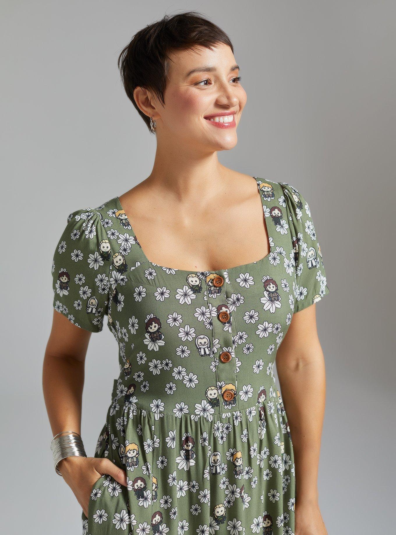 The Lord of the Rings Allover Character Floral Print Button-Up Midi Dress - BoxLunch Exclusive, GREEN, alternate