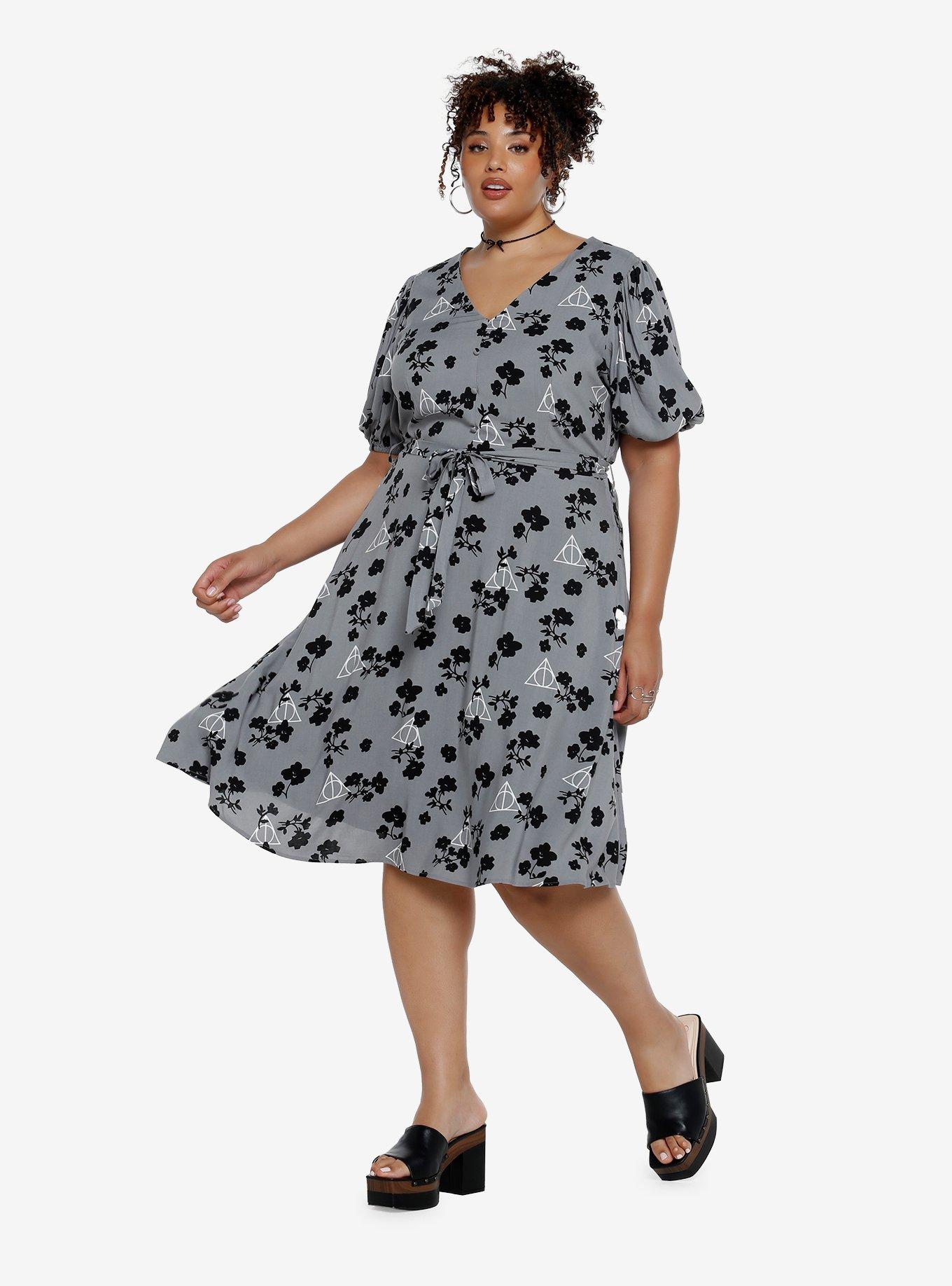 Her Universe Harry Potter Deathly Hallows Floral Midi Plus Size Dress - BoxLunch Exclusive, GREY, alternate