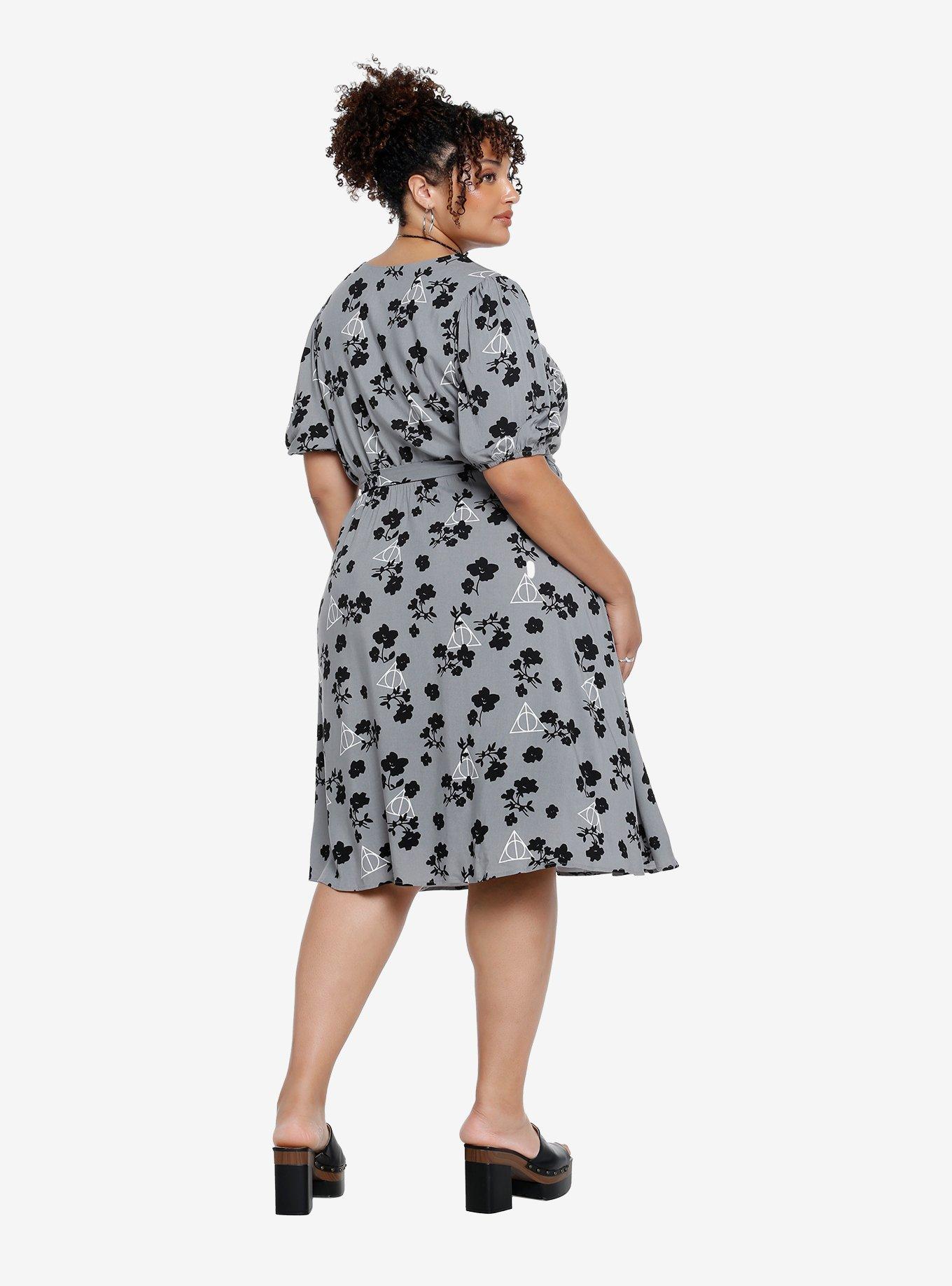 Her Universe Harry Potter Deathly Hallows Floral Midi Plus Size Dress - BoxLunch Exclusive, GREY, alternate