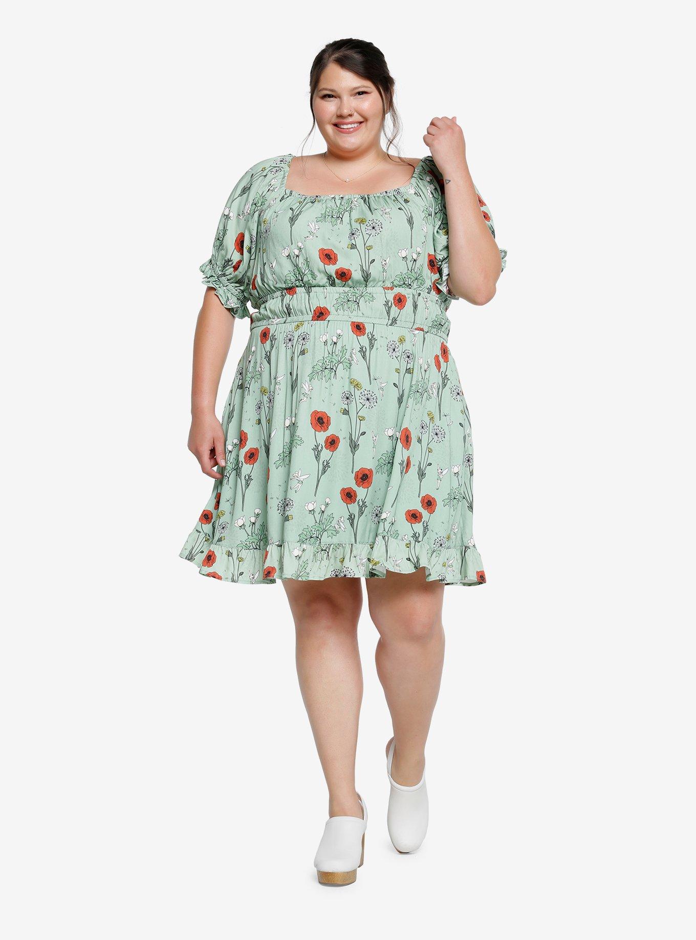 Disney Peter Pan Tinker Bell Floral Allover Print Plus Size Smock Dress - BoxLunch Exclusive, , hi-res