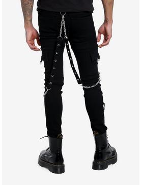 Black Grommet Chain Strap Stinger Jeans, , hi-res