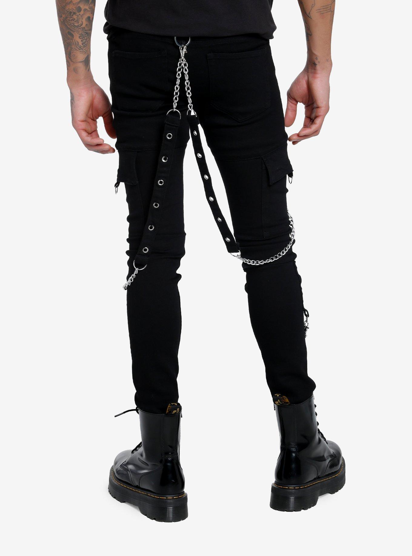 Black Grommet Chain Strap Stinger Jeans, BLACK, alternate