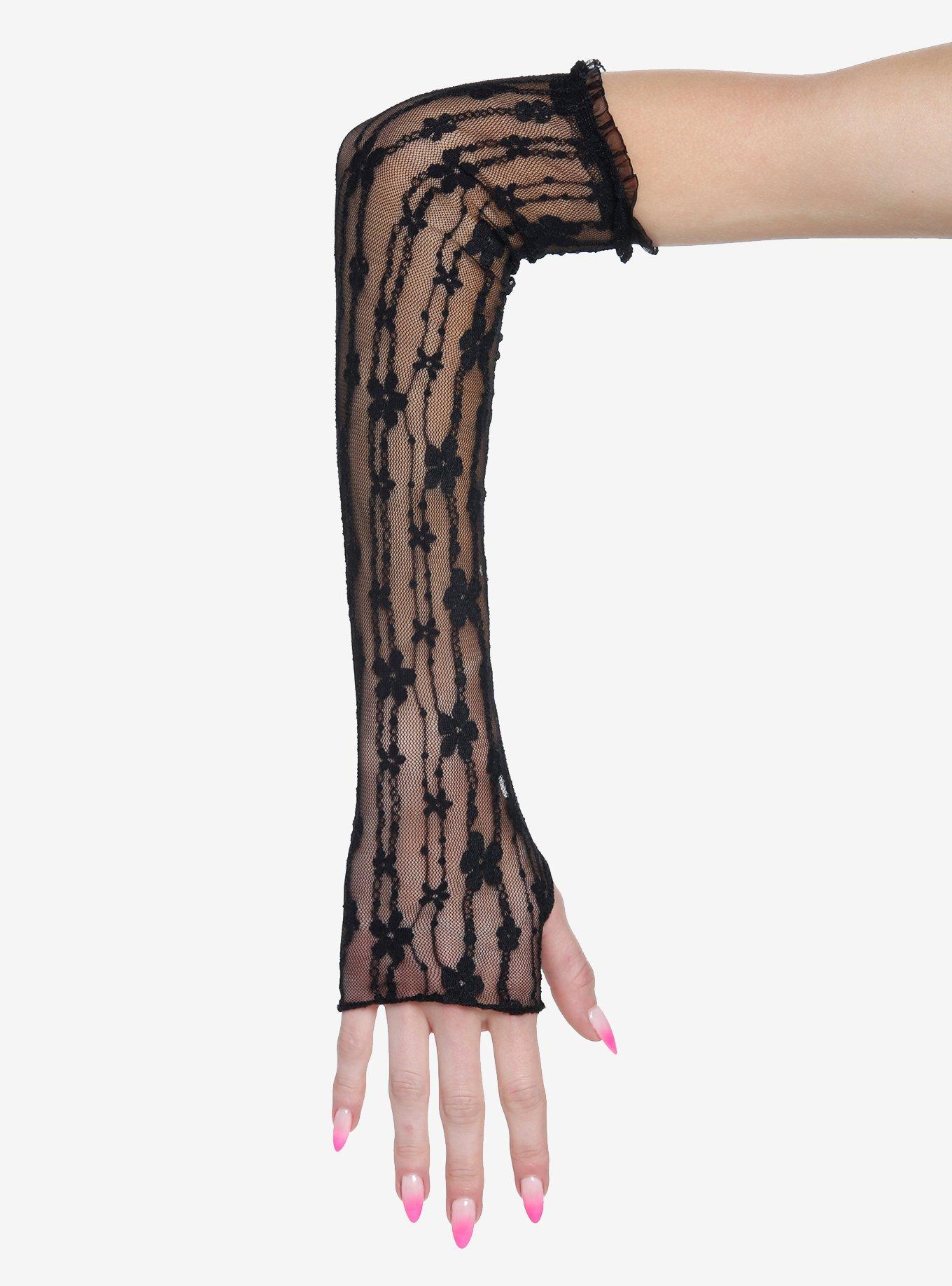 Black Floral Mesh Arm Warmers, , alternate