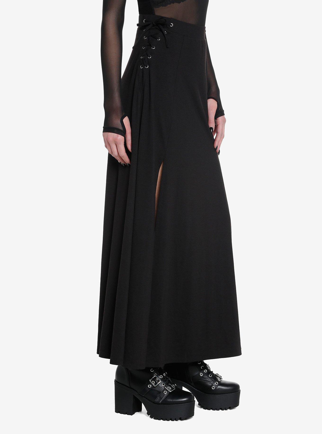 Social Collision Lace-Up Slit Maxi Skirt, BLACK, alternate