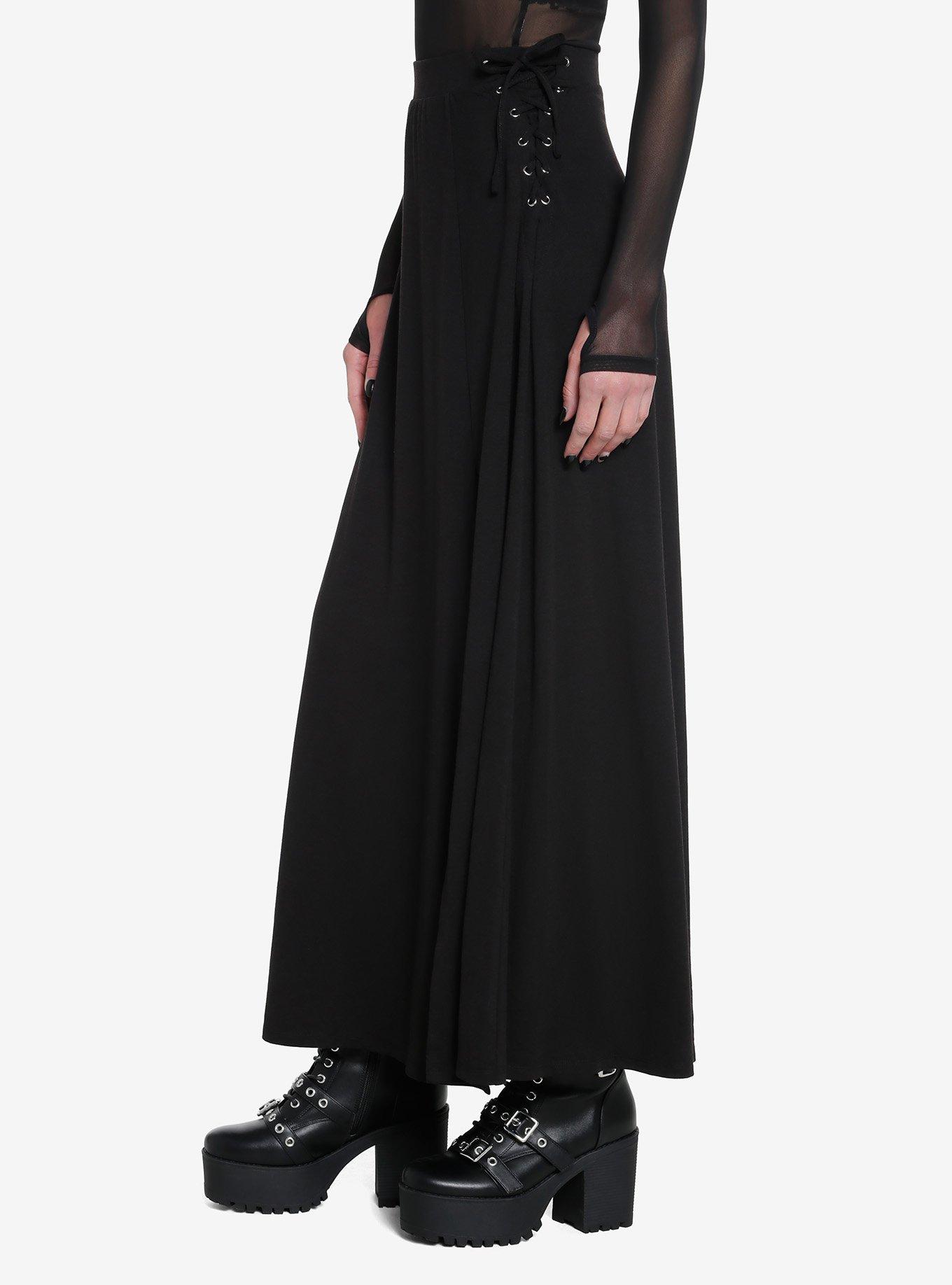 Social Collision Lace-Up Slit Maxi Skirt, BLACK, alternate