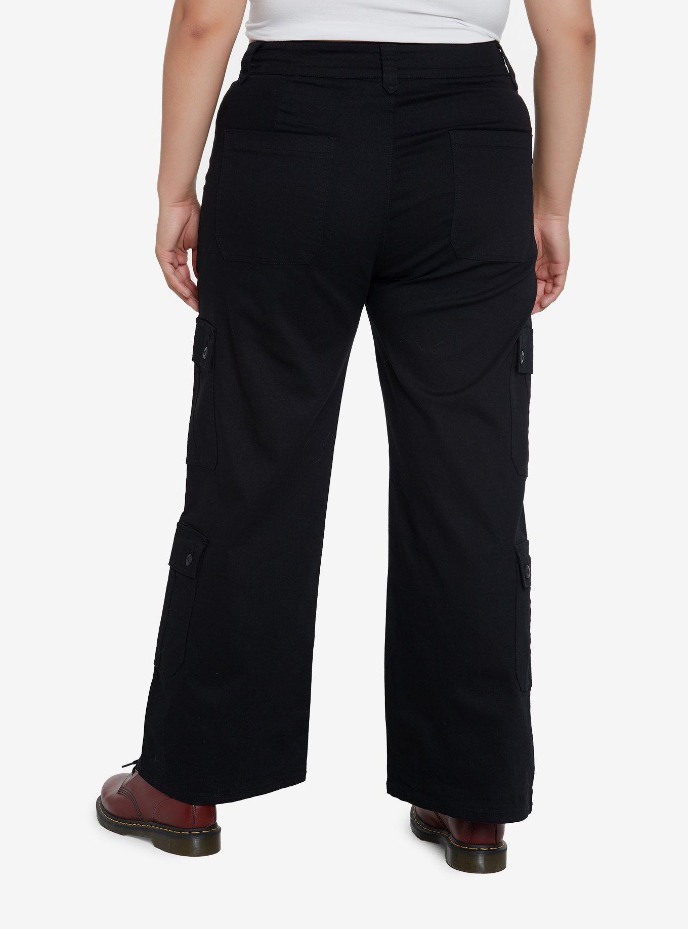 Black Double Pocket Cargo Pants Plus Size, BLACK, alternate