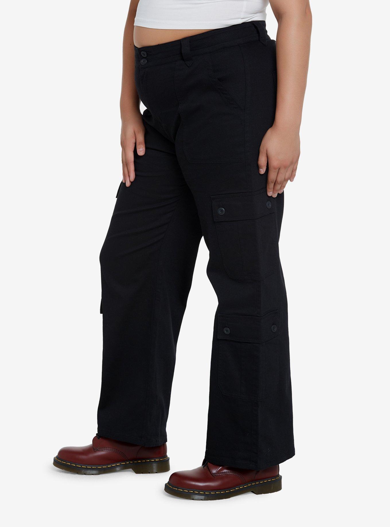 Black Double Pocket Cargo Pants Plus Size, BLACK, alternate