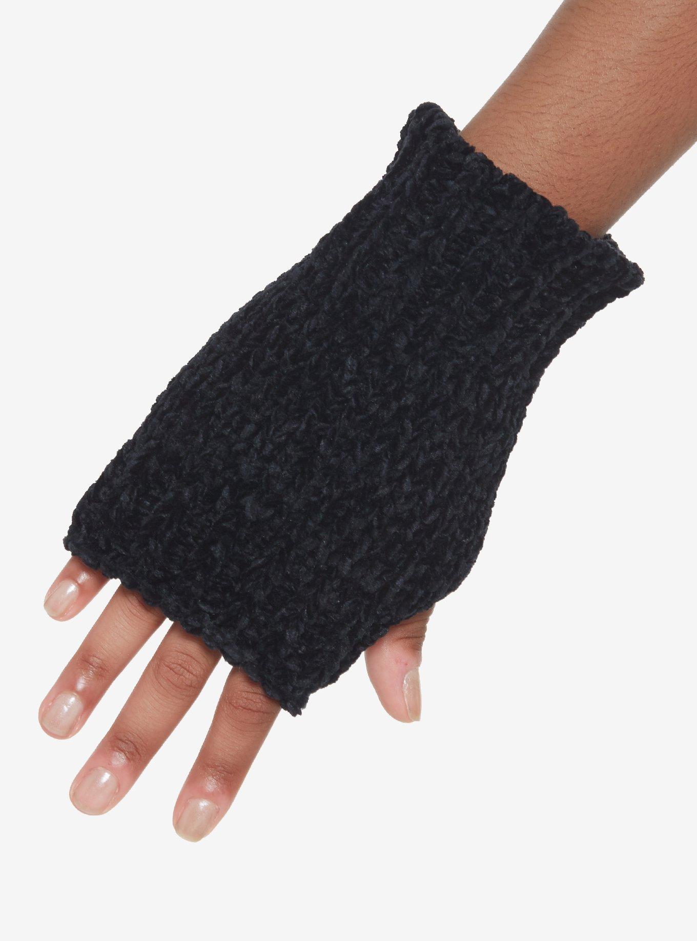 Black Chenille Chunky Knit Fingerless Gloves, , alternate