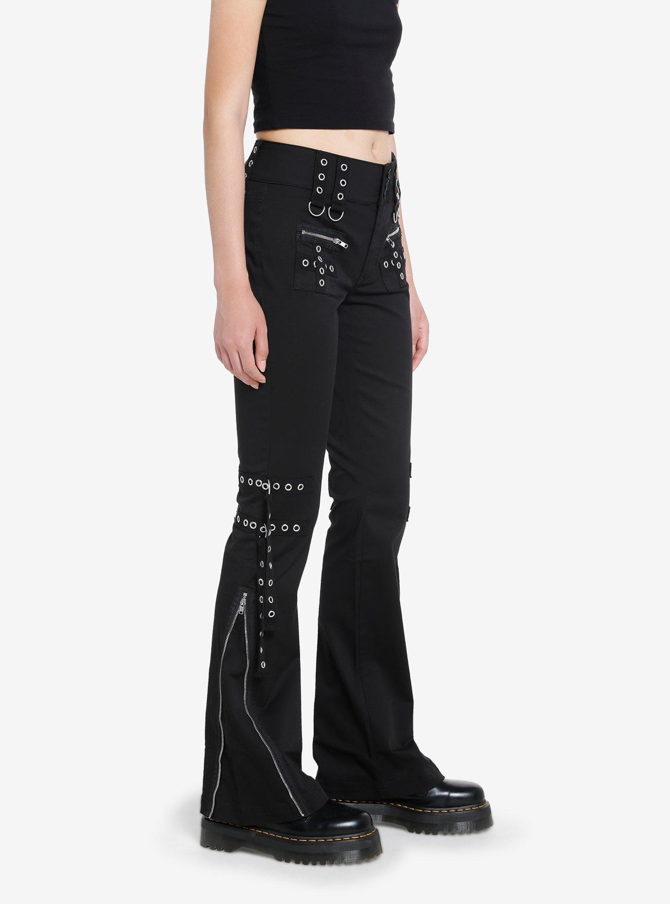 Black Grommet Strap Zipper Flare Pants, , hi-res