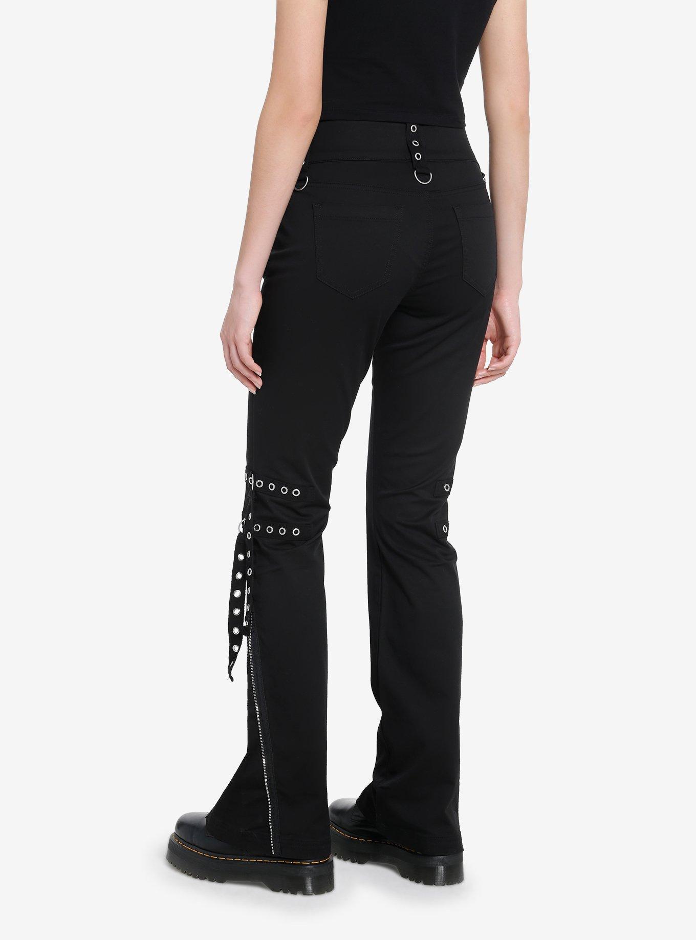 Black Grommet Strap Zipper Flare Pants, BLACK, alternate