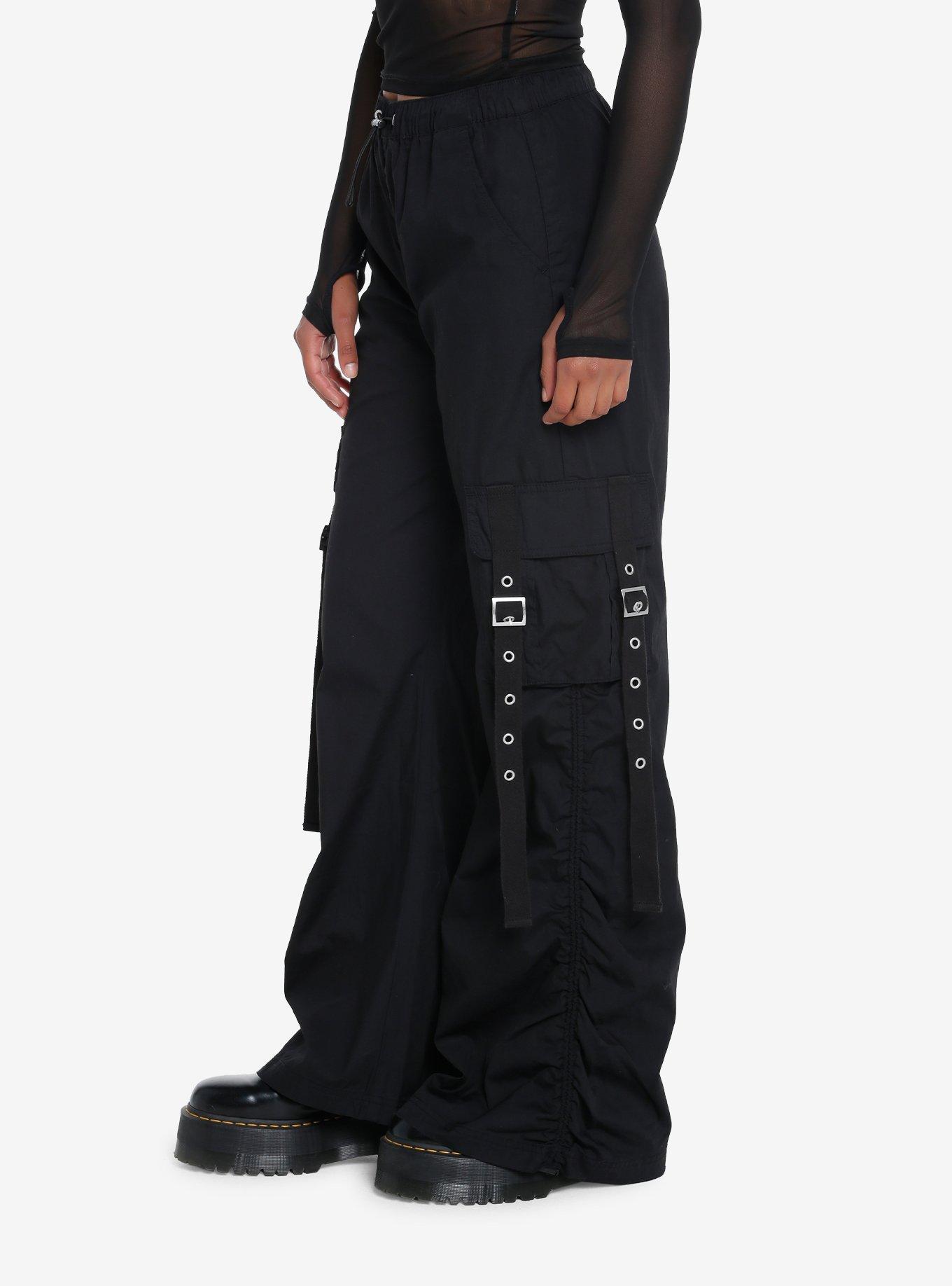 Black Grommet Strap Wide Leg Parachute Pants, BROWN, alternate