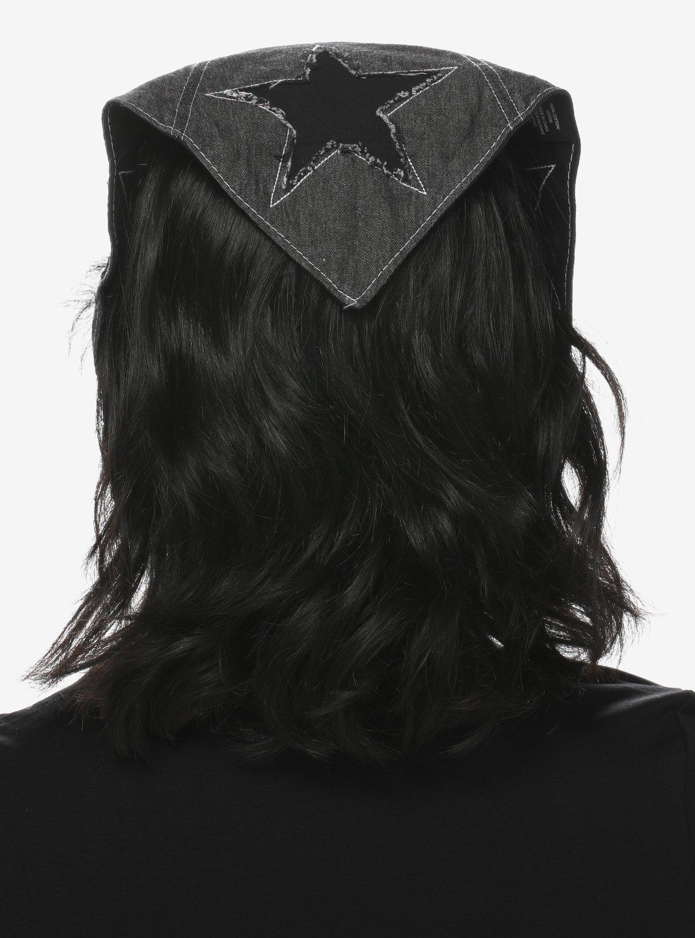 Black Distressed Star Denim Hair Scarf, , alternate