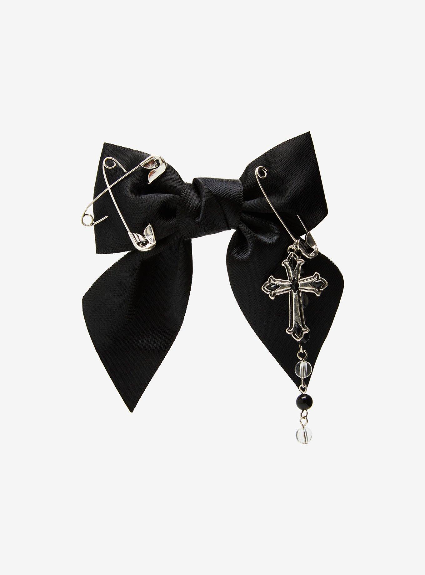 Social Collision Black Safety Pin Cross Hair Bow, , hi-res