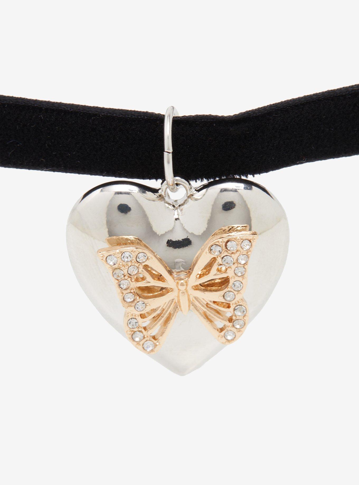 Silver Heart Butterfly Velvet Choker, , alternate
