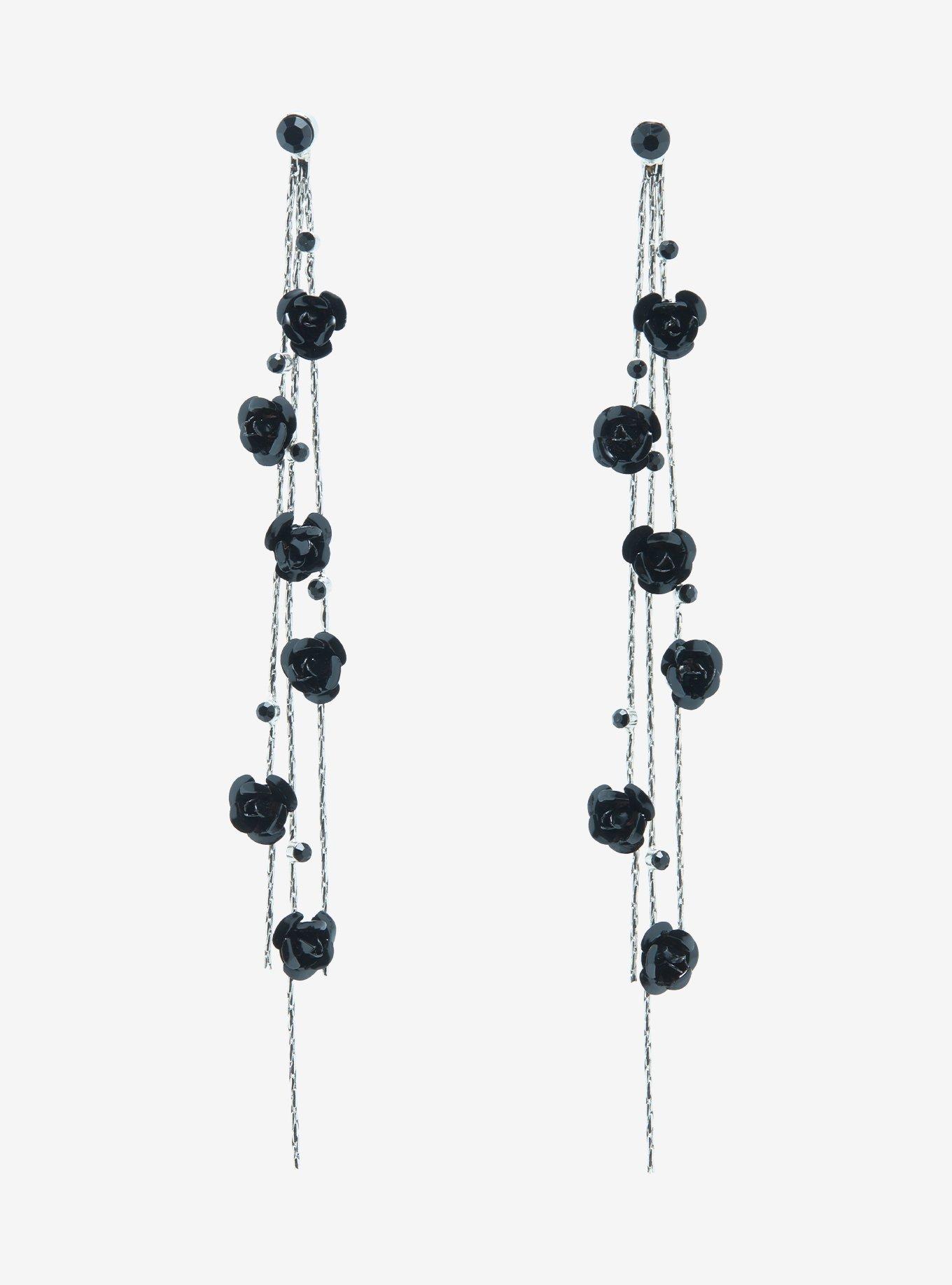 Black Rose Drop Earrings, , hi-res